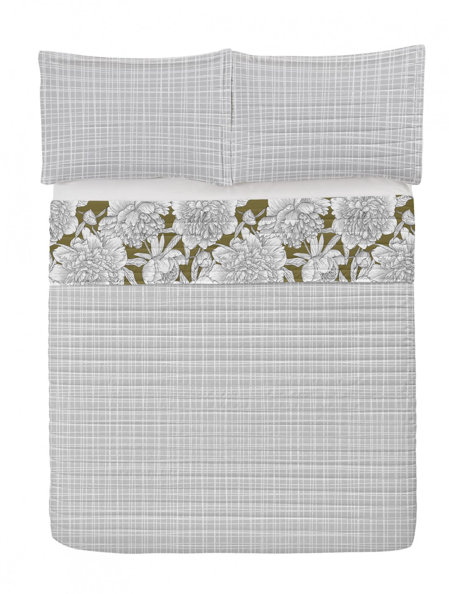 Ambesonne Floral Reversible Bedspread Set - Hand Drawn Rose, Chamomile & Peonies Design | Microfiber Comforter & Pillow Shams | Queen Size Bedding in Green & Brown | Perfect for Master Bedroom, Guest Room & Bohemian Home Decor