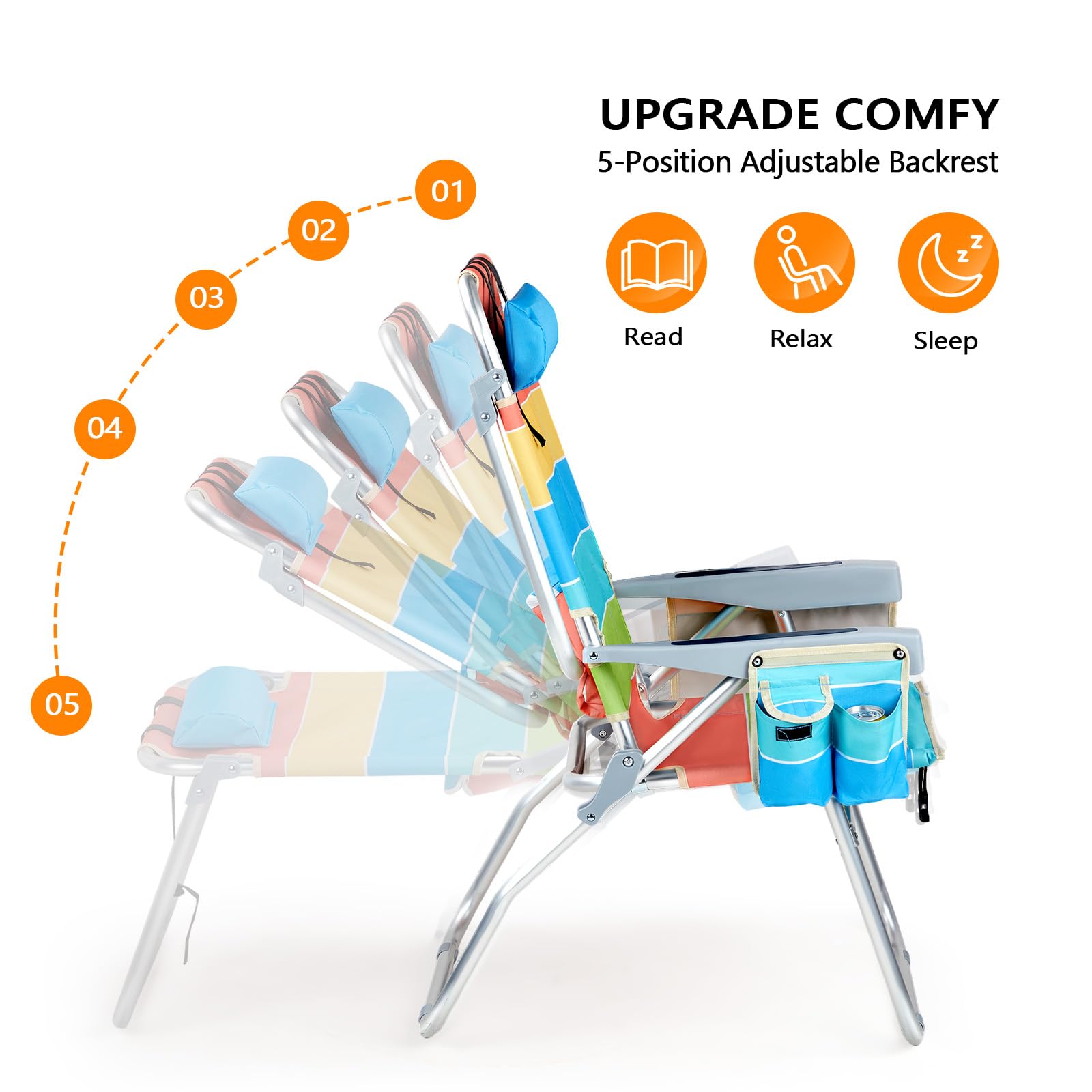 VINGLI 2 Pack Tall Beach Chairs with 5-Position Recline, Built-in Cooler Bag, Cup Holders & Towel Bar - Lightweight Folding Camping Chairs for Adults (Rainbow-16) - Perfect for Beach, Poolside, Backyard & Outdoor Relaxation