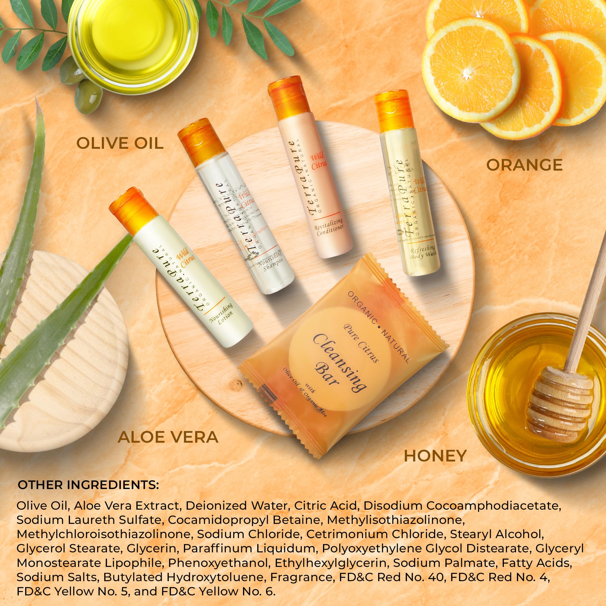 Terra Pure Wild Citrus Toiletries Set - 75 Piece Travel Amenities Kit with 1oz Shampoo, Conditioner, Body Wash, Lotion & Bar Soap | Perfect for Hotels, Spas, Gyms & Guest Bathrooms