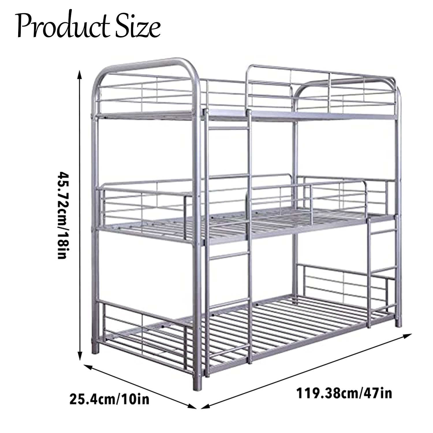 Sturdy Metal Triple Bunk Bed - Twin Over Full with Attached Loft Bed Frame | Safe Design with Ladders & Guardrails for Kids, Teens & Adults | Space-Saving Solution for Dorms, Guest Rooms & Small Apartments (Silver)