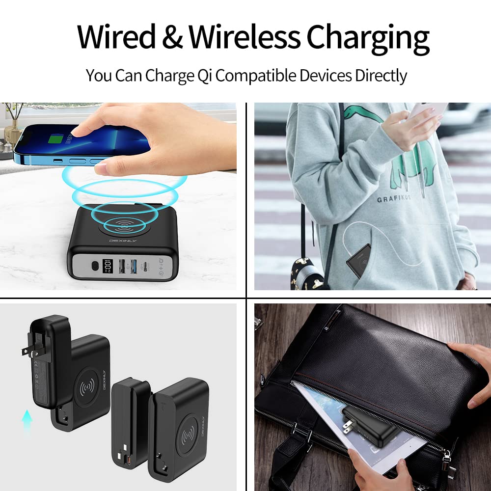 10000mAh 3-in-1 Portable Wireless Charger Power Bank with PD20W USB-C & QC3.0 USB-A Fast Charging | Travel Wall Charger & External Battery Pack for iPhone 15/14/13, iPad, Samsung Galaxy | Perfect for Travel, Office & Emergency Power Backup (Black)