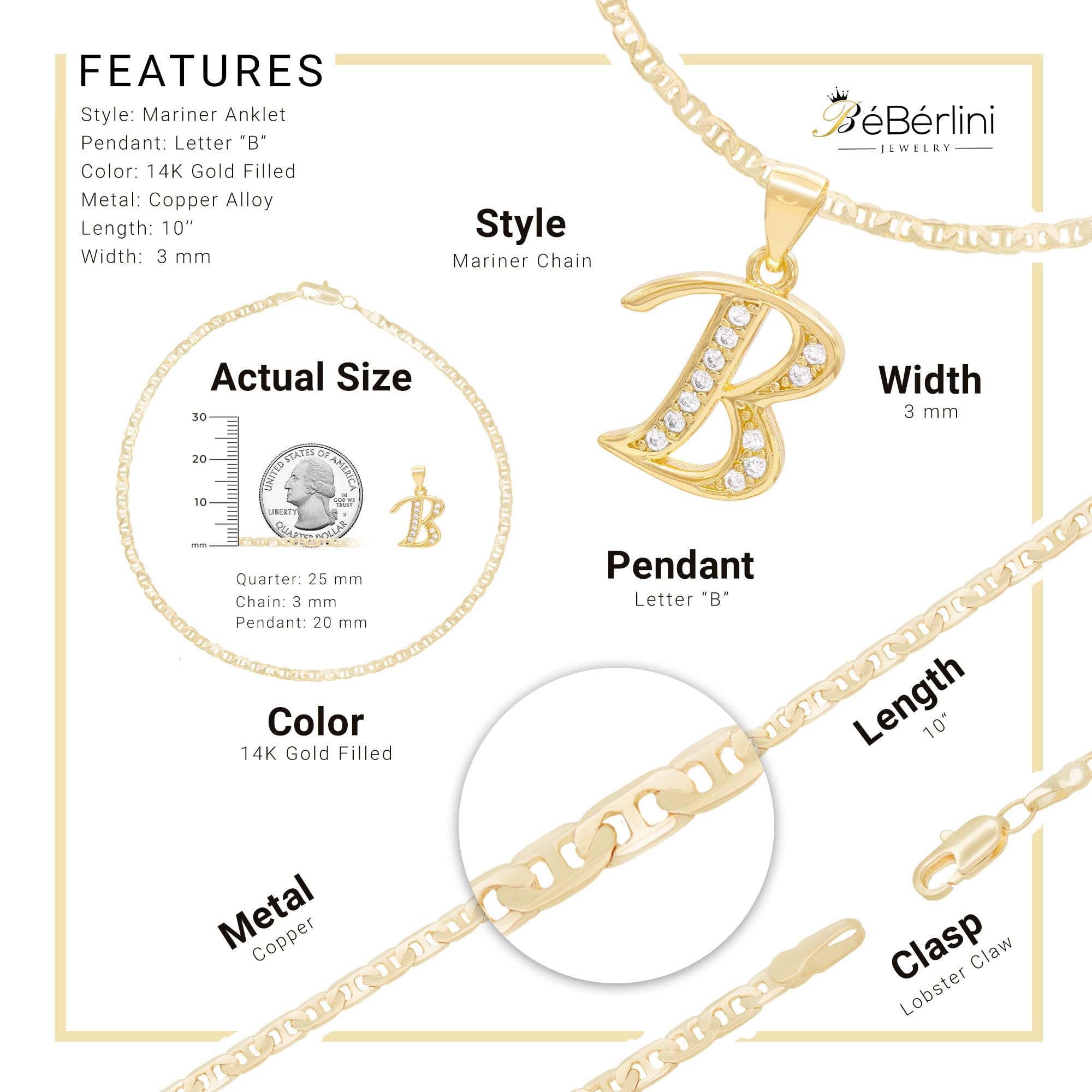 BEBERLINI 14K Gold Filled Letter CZ Charm Initial Anklet for Women - Dainty Mariner Chain Ankle Bracelet Jewelry - Perfect for Everyday Wear, Gifts & Special Occasions