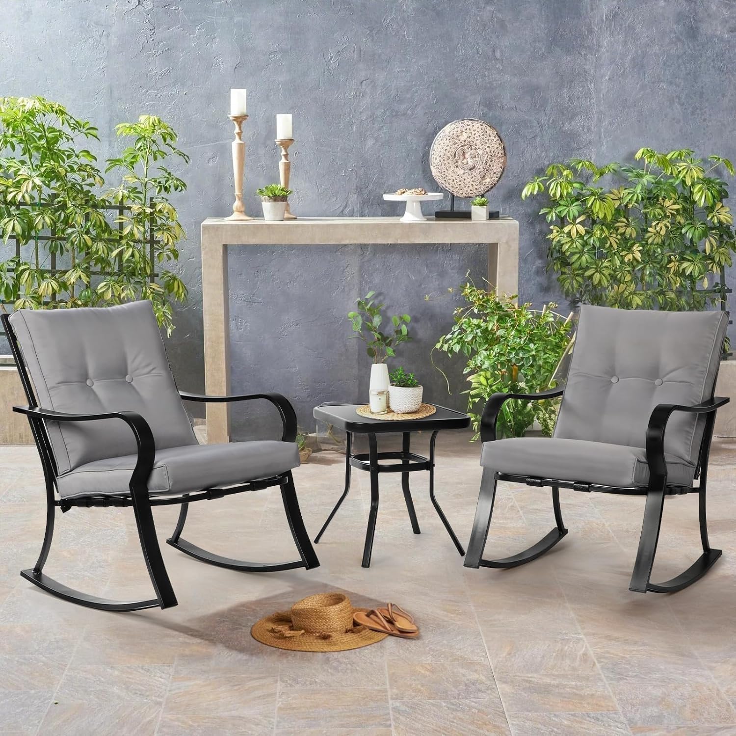 SUNCROWN Outdoor 3-Piece Rocking Chair Set - Black Steel Patio Furniture with Thickened Cushions & Glass-Top Coffee Table, Grey - Perfect for Garden, Porch, Backyard & Poolside Relaxation