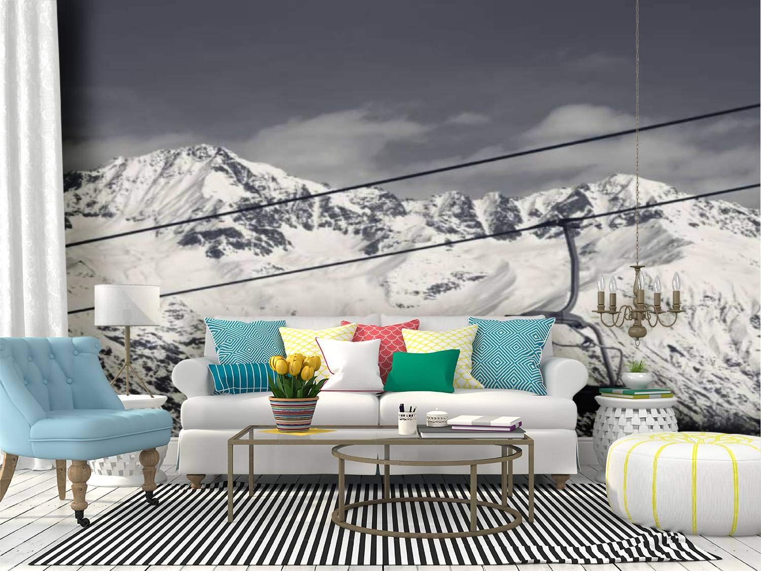 Scenic Ski Resort Chairlift & Snowy Mountains Canvas Print - Self-Adhesive Peel & Stick Wallpaper Mural for Living Room, Bedroom, Home Office | Perfect for Winter-Themed Home Decor & Ski Enthusiast Gifts