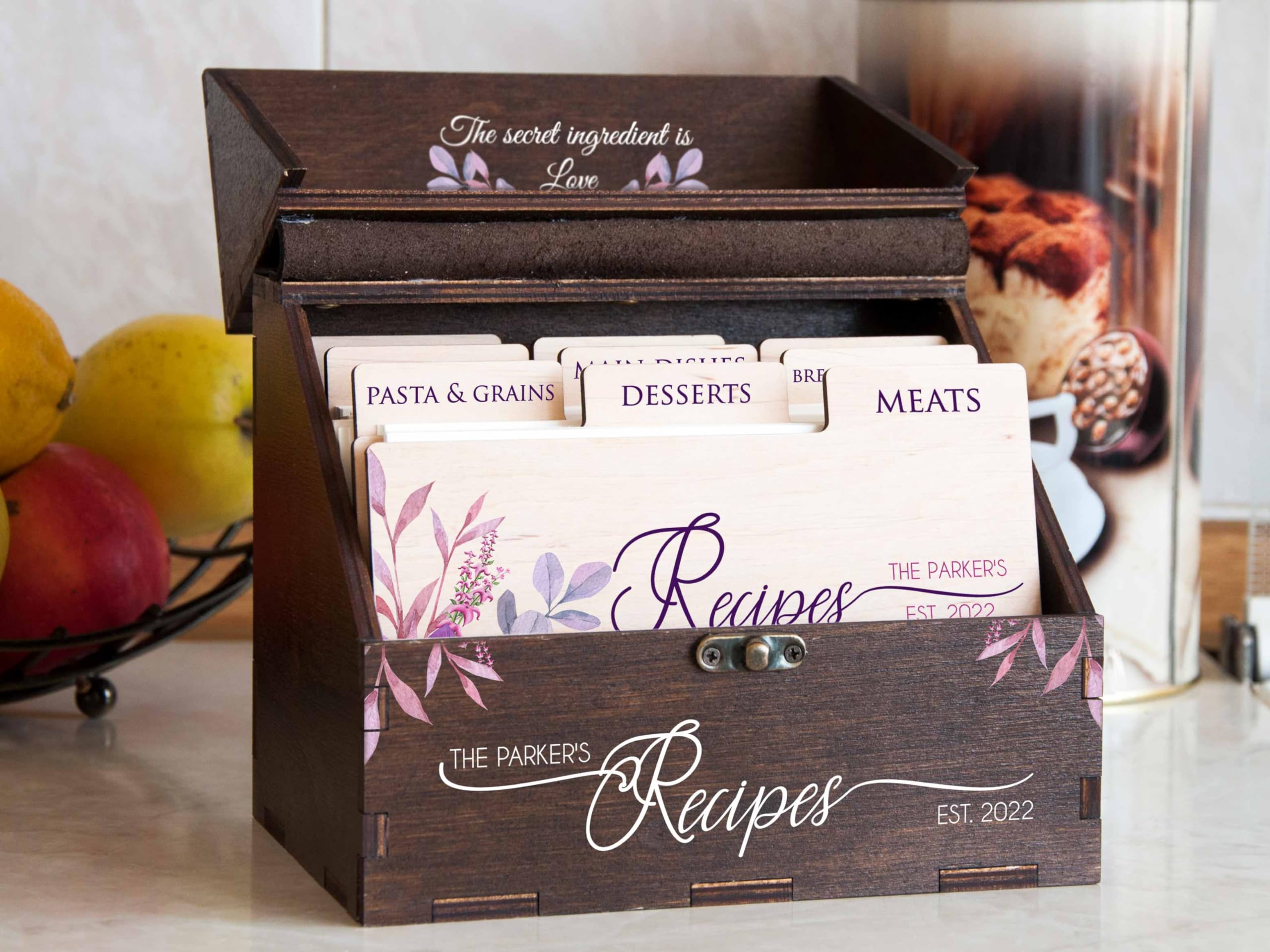 Personalized Wooden Recipe Box with Dividers & Recipe Cards - Floral Design Recipe Organizer - Anniversary Gift for Wife, Bridal Shower Gift for Daughter - Perfect for Kitchen Organization & Family Recipe Storage