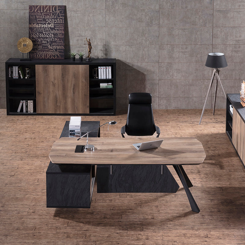 EASTON Executive Desk with Right Return 2.2m to 2.4m Warm Oak & Black - Modern Office Desk for Home & Business Workspace