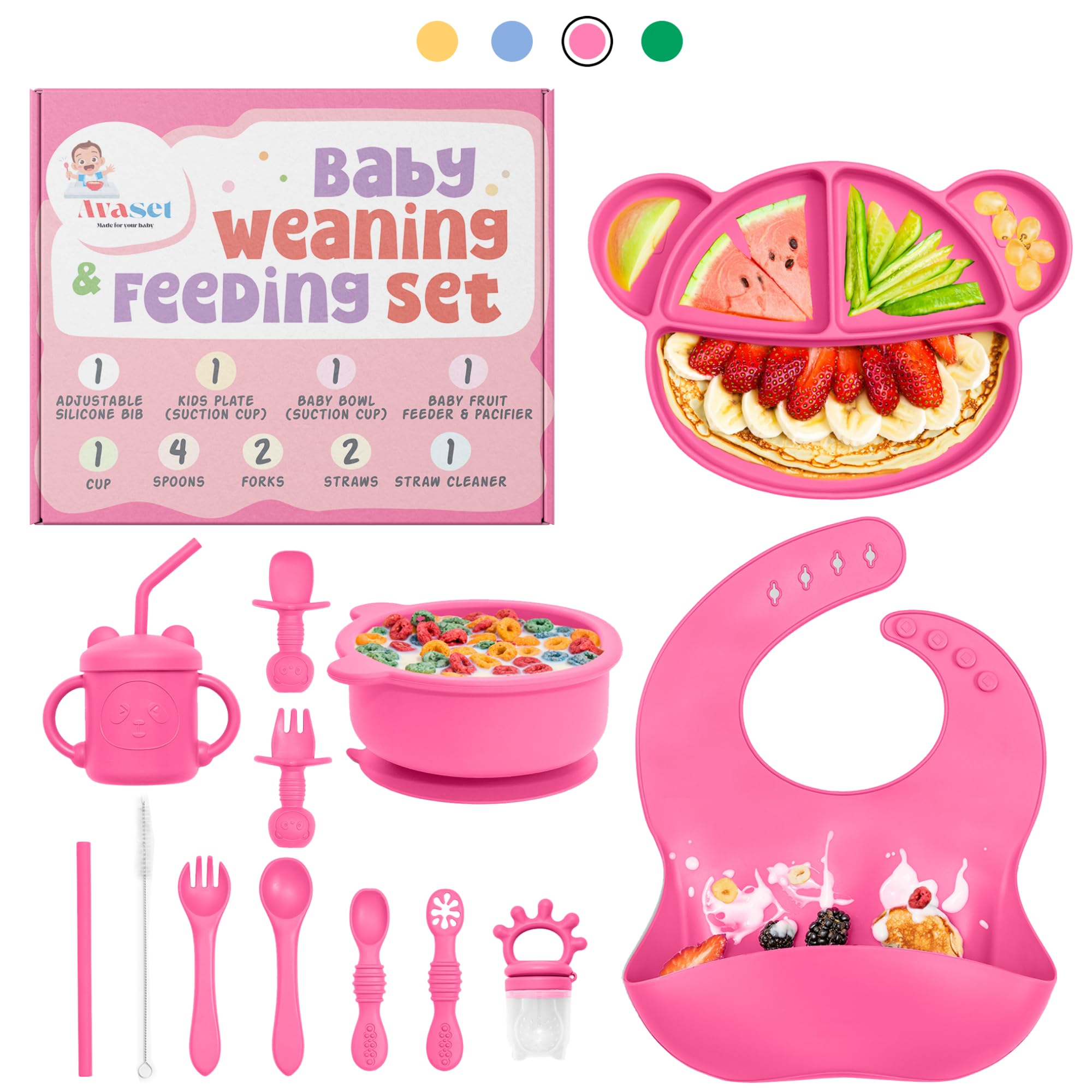 Complete Silicone Baby-Led Weaning Set - 15-Piece Animal-Themed Toddler Feeding Essentials with Bib, Suction Plate, Bowl, Forks, Spoons, Sippy Cup & Straws (Cheeky Pink) - Perfect for Mess-Free Mealtime & Early Self-Feeding Development