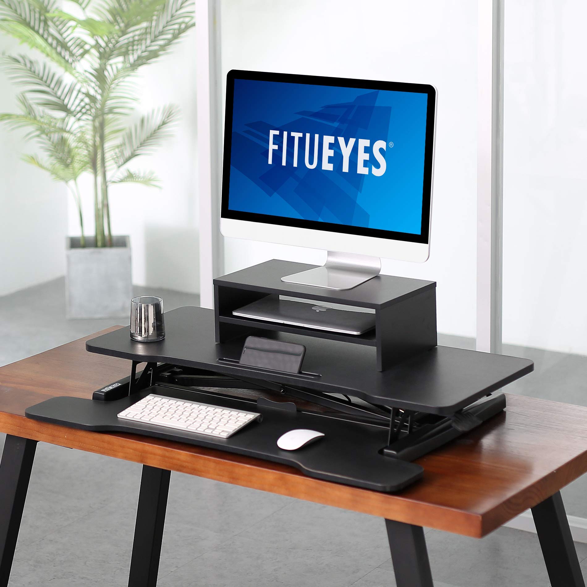 FITUEYES Adjustable Standing Desk Converter - Ergonomic Sit Stand Monitor Riser for Desktop & Laptop (Up to 35 lbs) - Perfect for Home Office, Gaming & Workstation Setup