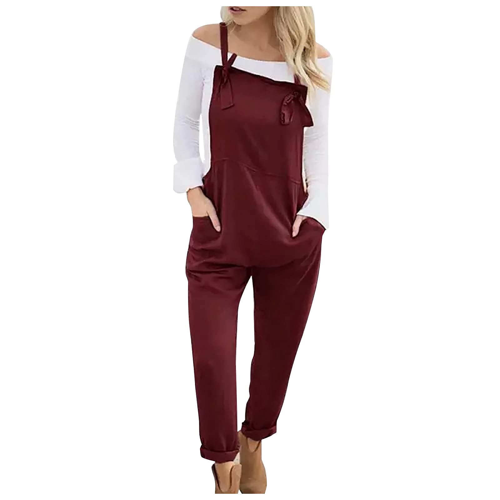 Eaktool Women's Casual Loose Fit Square Neck Jumpsuit with Lace-Up Detail & Pockets | Solid Color Suspenders Romper for Everyday Wear, Work & Outdoor Activities