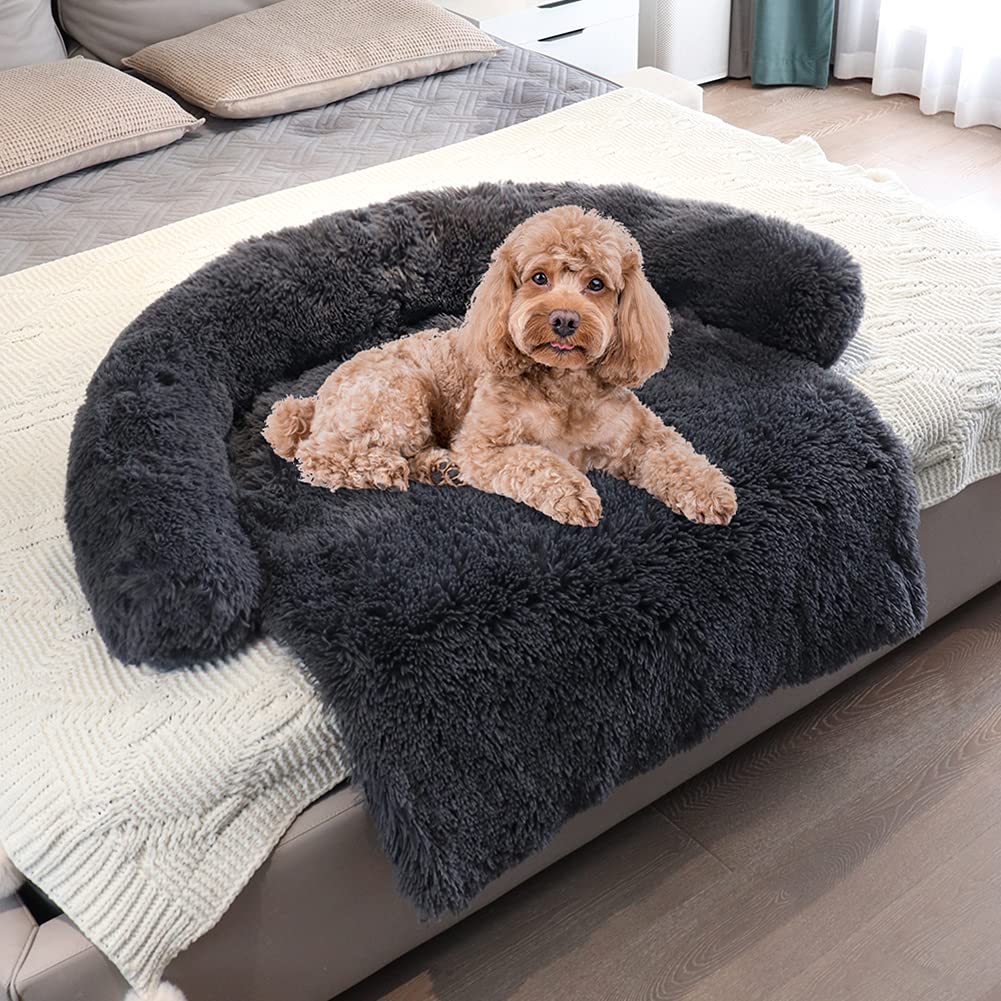 Waterproof Calming Dog Bed - Plush Orthopedic Pet Sofa with Soft Neck Bolster, Machine Washable Dark Grey Small - Perfect for Anxious Dogs, Couch Protection & Home Decor