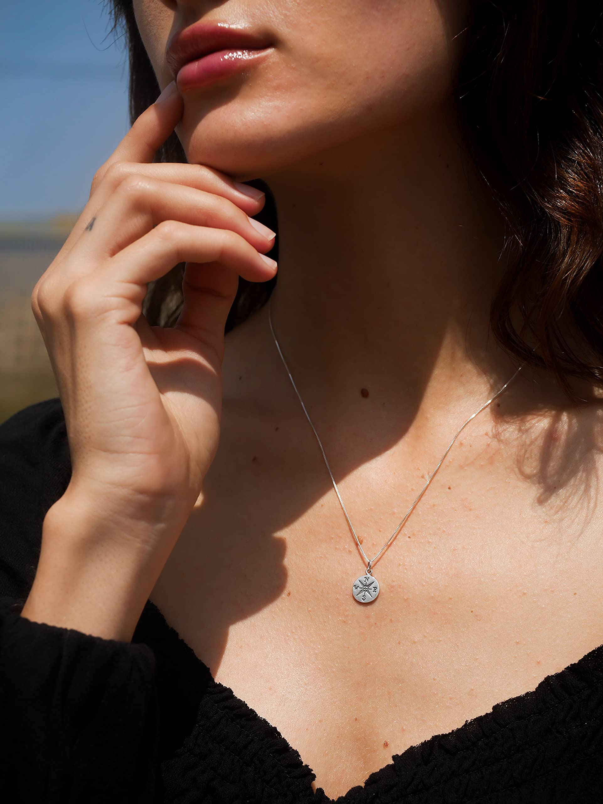 Sterling Silver Compass Necklace for Women - Inspirational Long Distance Friendship Gift, Graduation Present for Her - Dainty Travel Jewelry with 
