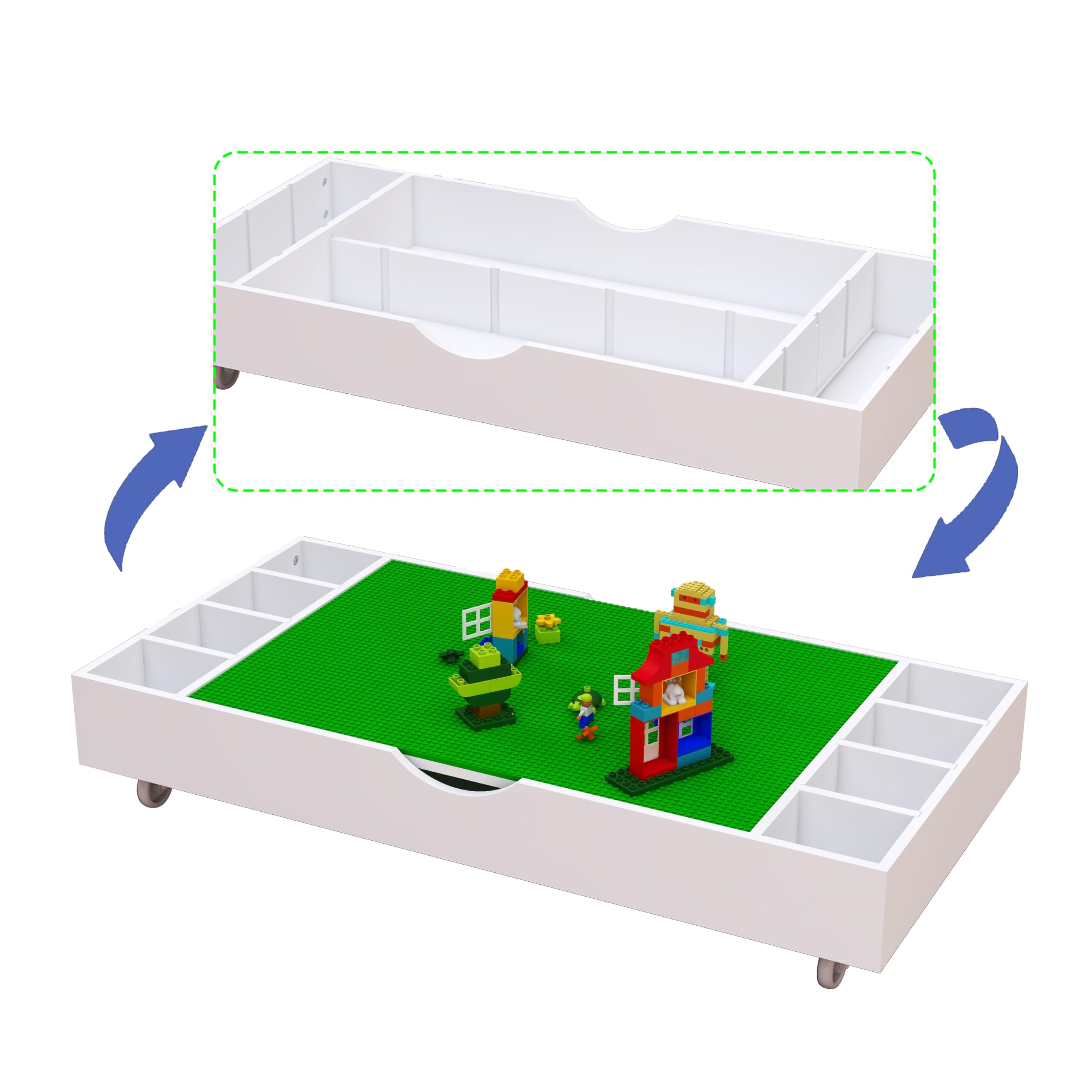 2-in-1 Wooden Kids Activity Table with Storage & Wheels - Play Table with Block Board, Rolling Construction Game Table - Fits Under Sofa (White) - Perfect for Playrooms, Daycares & Small Spaces