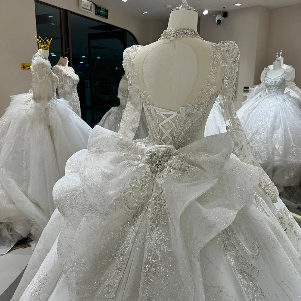 Elegant White Long Sleeve Wedding Dress with Court Train & Lace Up Back - Perfect for Bridal, Formal Events & Romantic Photos