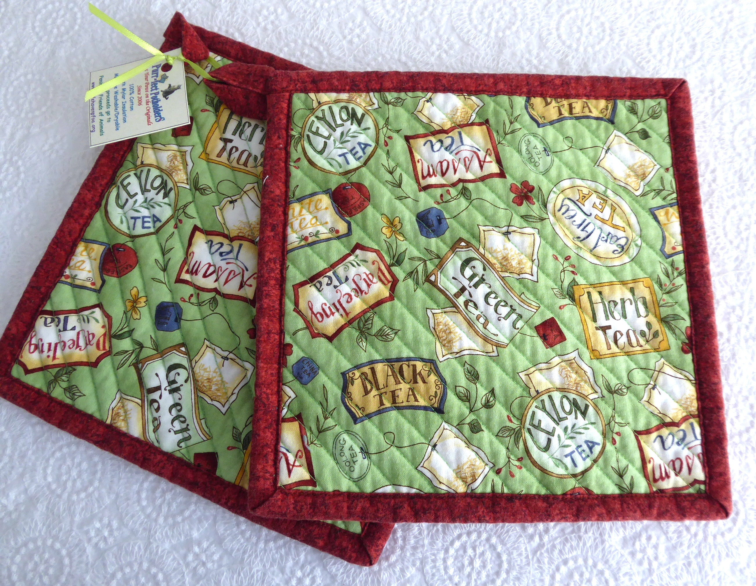 Handmade Green Rust Tea Themed Padded Pot Holders Set of 2 - Heat Resistant Kitchen Mitts for Baking, Cooking & Tea Time - Supports Animal Charity