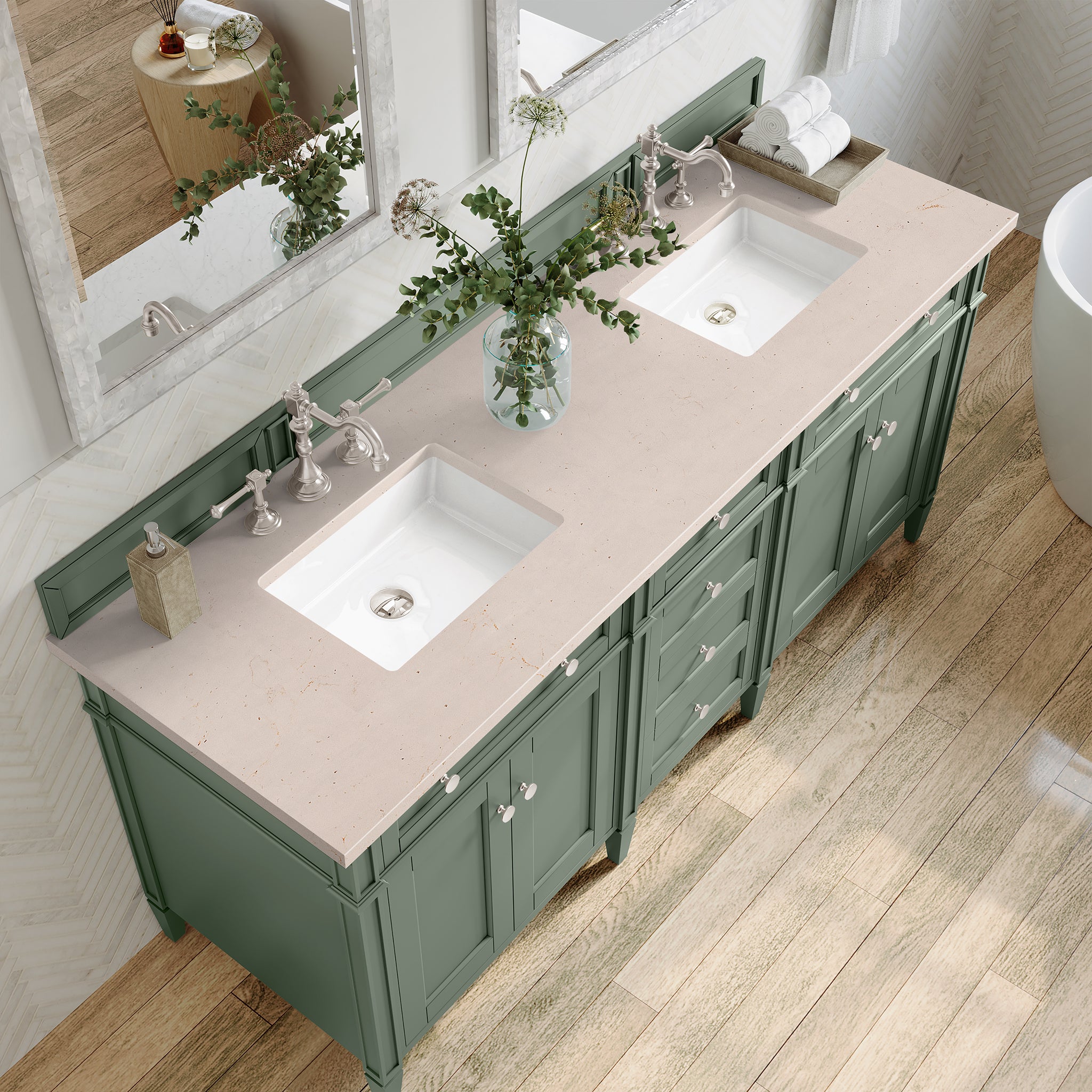Brittany 72-Inch Double Vanity with Smokey Celadon Finish & 3CM Eternal Marfil Stone Top - Perfect for Master Bathroom Remodeling & Luxury Home Upgrade