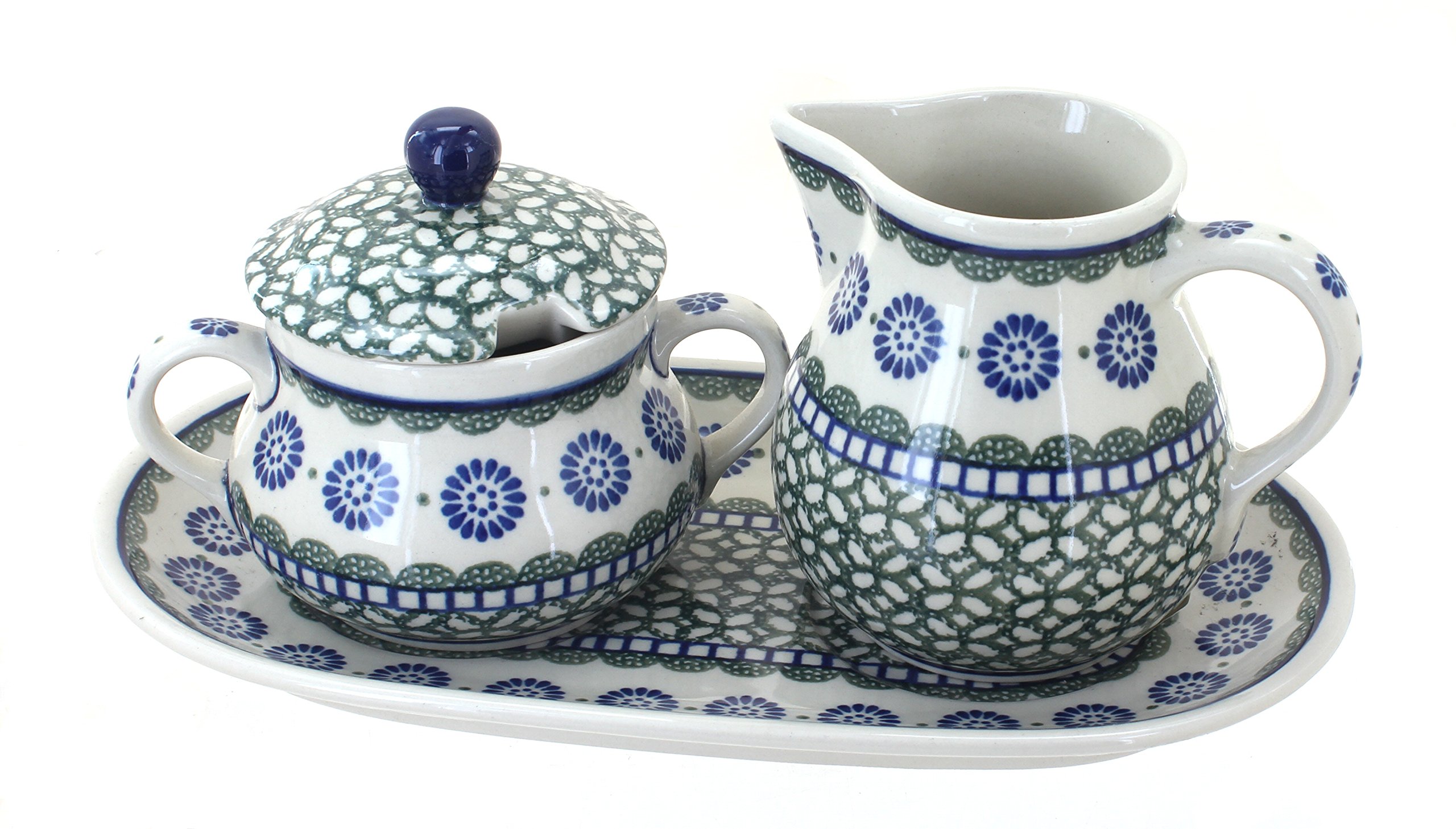 Blue Rose Polish Pottery Maia Large Cream & Sugar Set with Tray - Handmade Ceramic Coffee & Tea Serving Set for Kitchen, Dining Table, and Gift Giving
