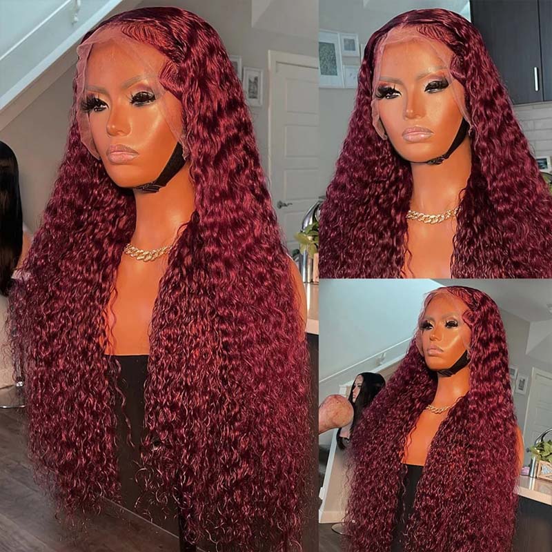 **28inch Pre-Colored Human Hair Curly Wig - Burgundy/Brown/Highlight 13x4 Lace Frontal Wig | Natural Look & Heat Resistant | Perfect for Cosplay, Parties & Daily Wear**