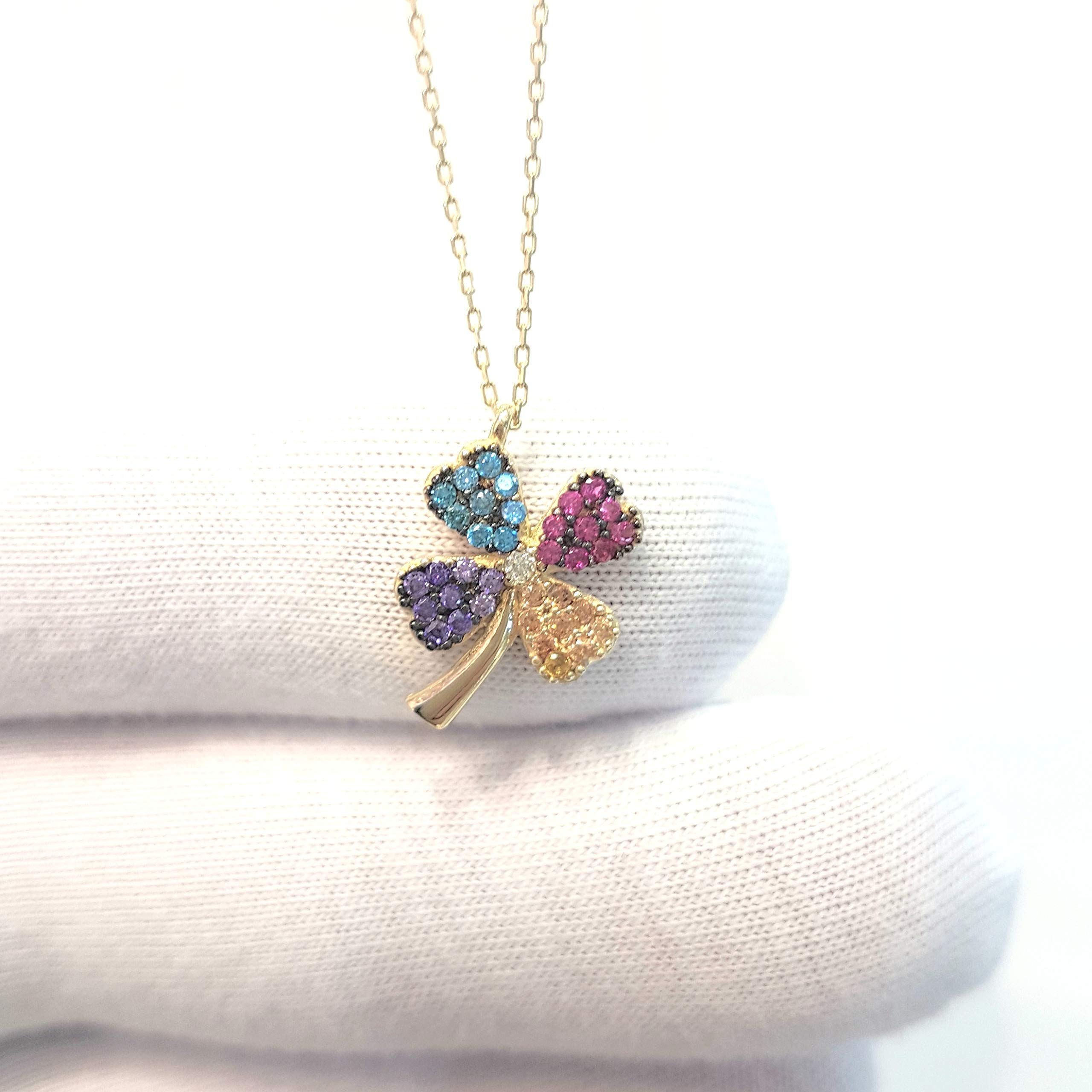 14K Solid Gold Four Leaf Clover Necklace for Women - CZ Multi Color Dainty Pendant Jewelry | Elegant Gift for Mom, Wife, Girlfriend | Perfect for Birthday, Christmas, Anniversary & Everyday Wear