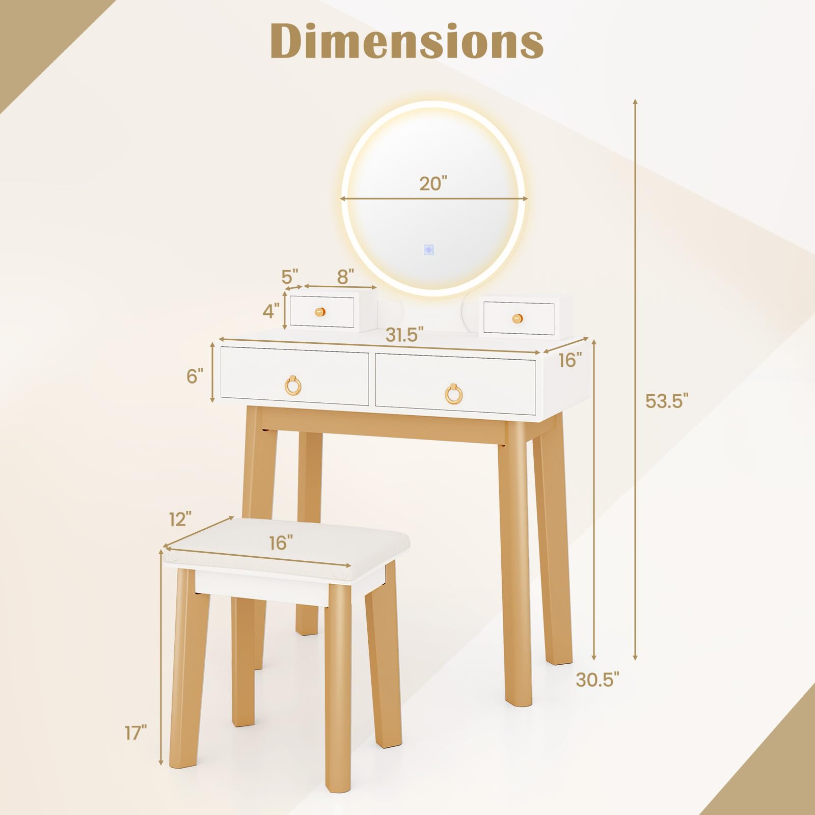 Charmaid White Vanity Desk with Mirror & LED Lights - Modern Makeup Dressing Table with 4 Drawers, Adjustable Brightness & 3 Lighting Modes, Includes Vanity Stool - Perfect for Girls' Small Bedroom, Home Makeup Studio & Beauty Corner