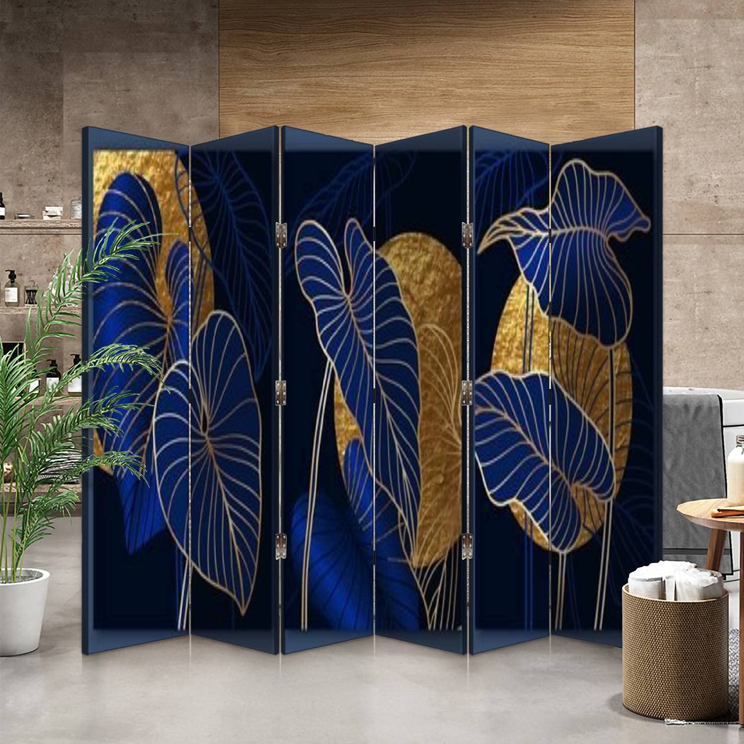 Luxury 6-Panel Canvas Room Divider Screen with Dark Blue & Gold Texture - Golden Sun Moon Design - Folding Privacy Partition for Bedroom, Office & Living Room Separator