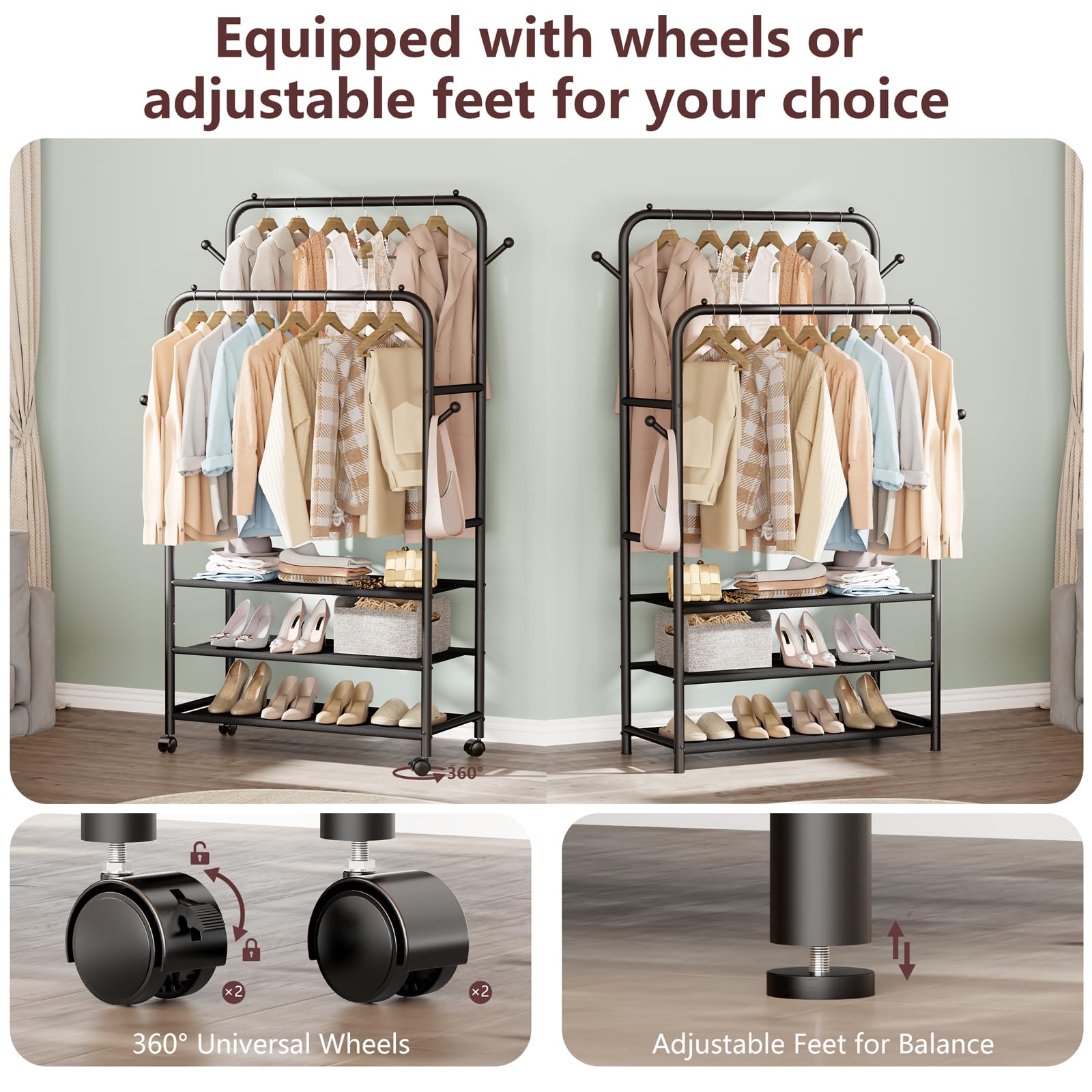 Furologee Double Rods Rolling Garment Rack with 3-Tier Storage Shelf & 4 Hooks - Portable Closet Organizer for Bedroom, Living Room - Black | Perfect for Small Spaces, Laundry Rooms & Apartment Storage