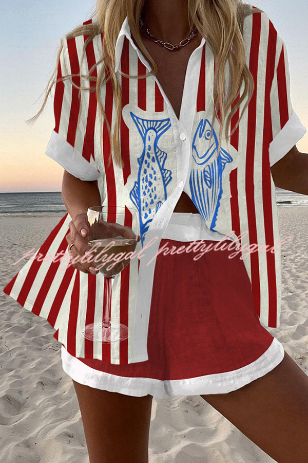 Stylish Striped Fish Print Loose Button Elastic Waist Shorts Set for Women - Summer Casual Outfit, Beach Vacation, and Streetwear Fashion