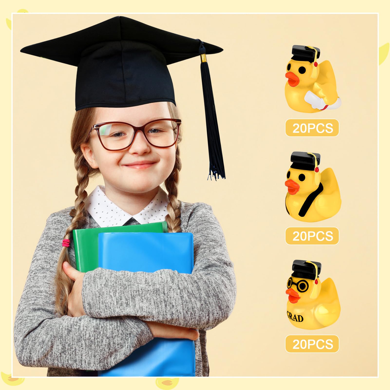 60 Pcs Mini Graduation Resin Ducks with Caps - Bulk Yellow Grad Duck Decorations for Graduation Parties, Gifts & Keepsakes (3 Styles) - Perfect for Graduation Centerpieces, Cake Toppers & Goodie Bag Fillers