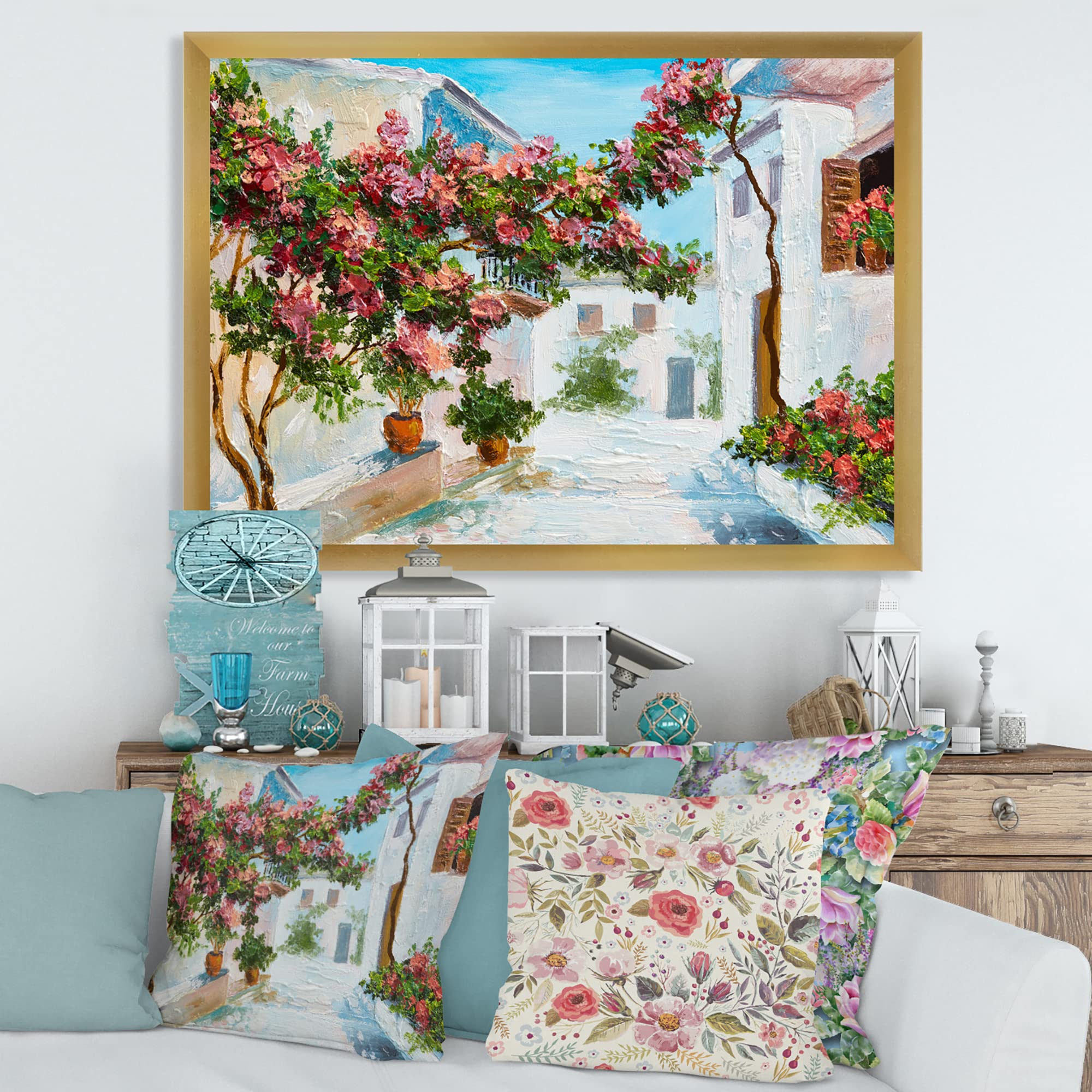 DesignQ White House with Blossoming Flowers Coastal Framed Wall Art - Perfect for Beach House Decor, Living Room & Bedroom Wall Decor