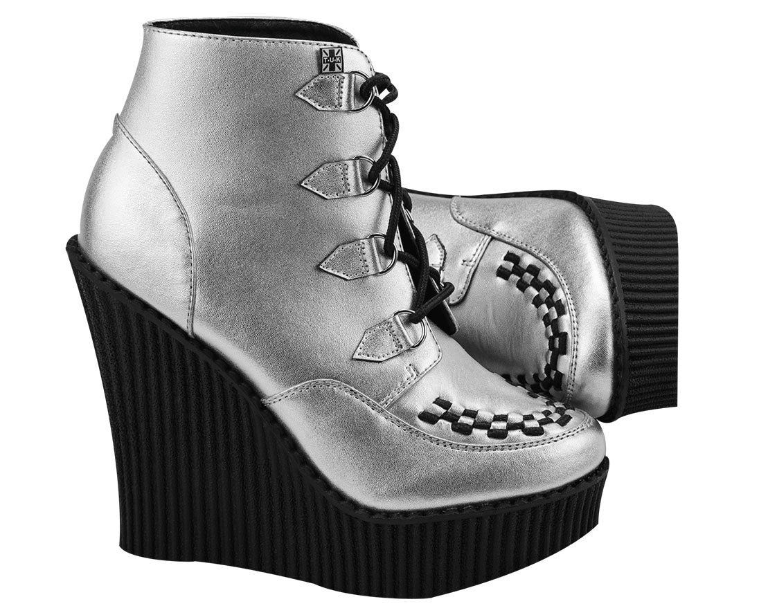 T.U.K Silver Creeper Bootie Wedge Platform Shoes - Punk Rock Gothic Ankle Boots for Women | Perfect for Concerts, Night Out & Alternative Fashion