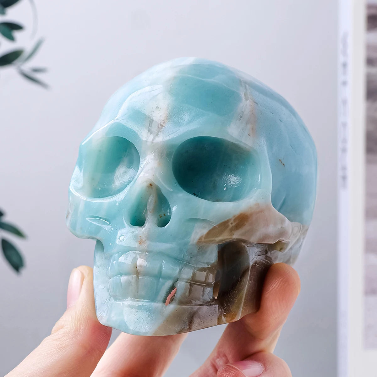 1PC Natural Blue Sky Amazonite Healing Crystal Skull - Feng Shui Stone for Positive Energy, Meditation & Home Decor - Perfect for Spiritual Healing, Office Desk & Gift Giving