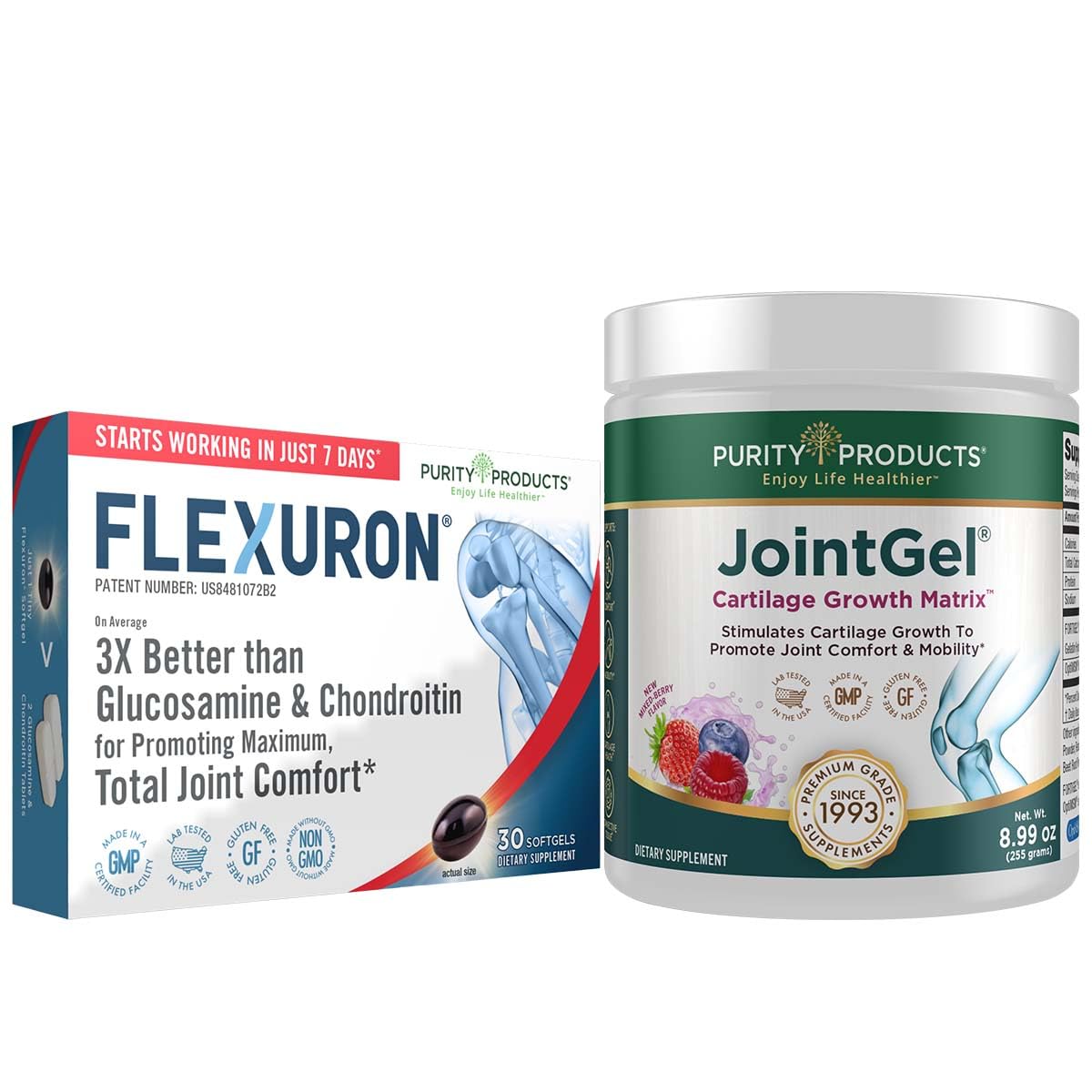 Purity Products Flexuron Joint Formula & Gel with Krill Oil, Low Molecular Weight Hyaluronic Acid, Astaxanthin - Bioactive Collagen Peptides & MSM for Joint Support | Relief for Arthritis, Stiffness & Mobility Issues | Ideal for Active Lifestyles & Aging Adults