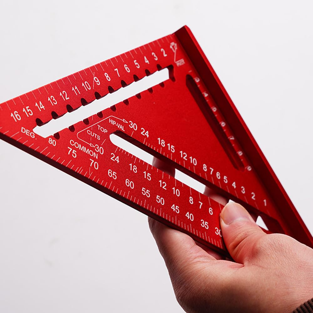 7 Inch High Precision Aluminum Alloy Rafter Square Tool - Multifunctional Triangle Ruler for Woodworking, Roofing & Layout Measuring (Red) - Perfect for Carpenters, DIY Projects & Construction Work