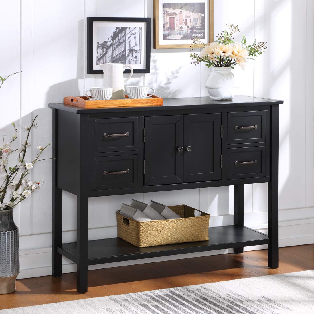 Rustic Wood Console Table with 4 Drawers & Storage Cabinet - Entryway Sofa Table, Buffet Sideboard with Shelf for Living Room, Kitchen, Dining Room | Perfect for Home Decor, Small Space Storage & Entryway Organization (Black)