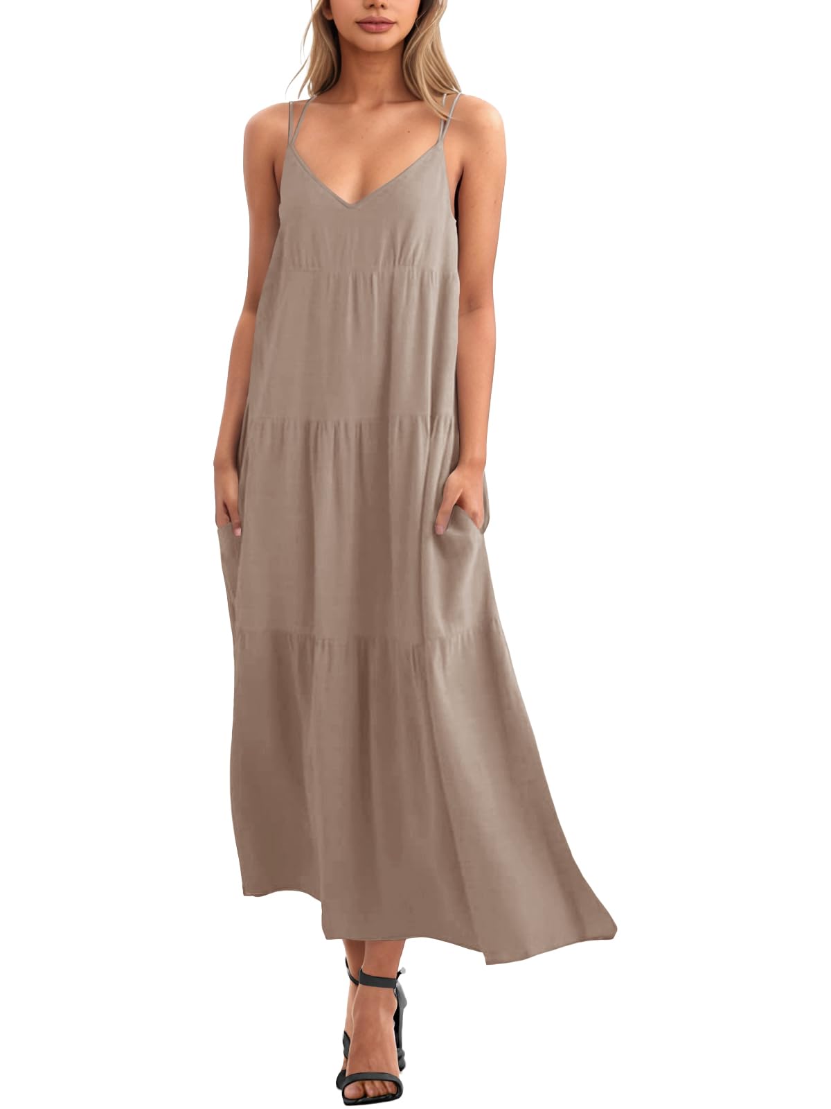 Febriajuce Women's Summer Maxi Dress - Casual Spaghetti Straps, V-Neck Backless Cami Dress with Two Pockets | Beach Cover Up, Vacation Outfit, Date Night Dress