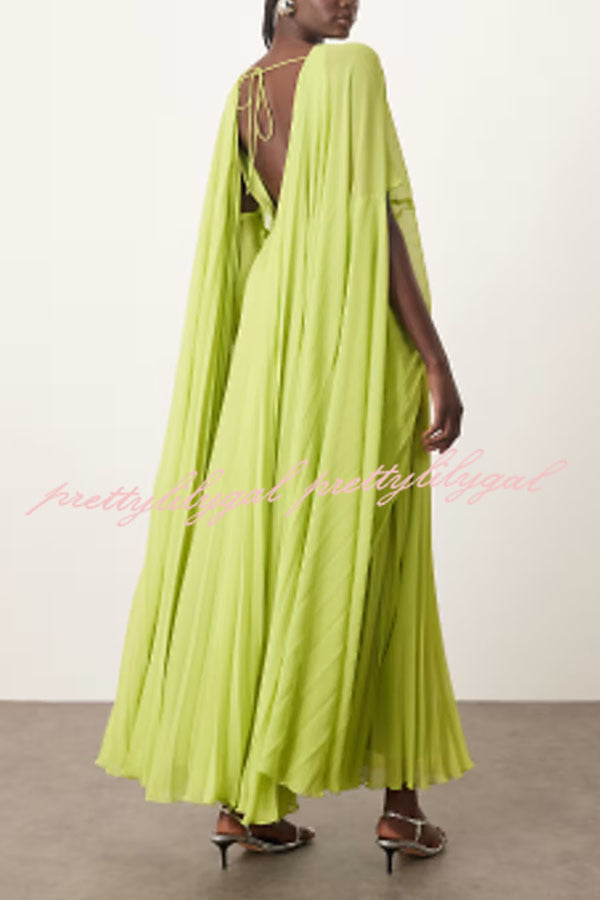 Spring Whispers Chiffon Pleated Wide Sleeve Volume Maxi Dress | Flowy Elegant Long Dress for Women | Perfect for Weddings, Parties & Summer Vacations
