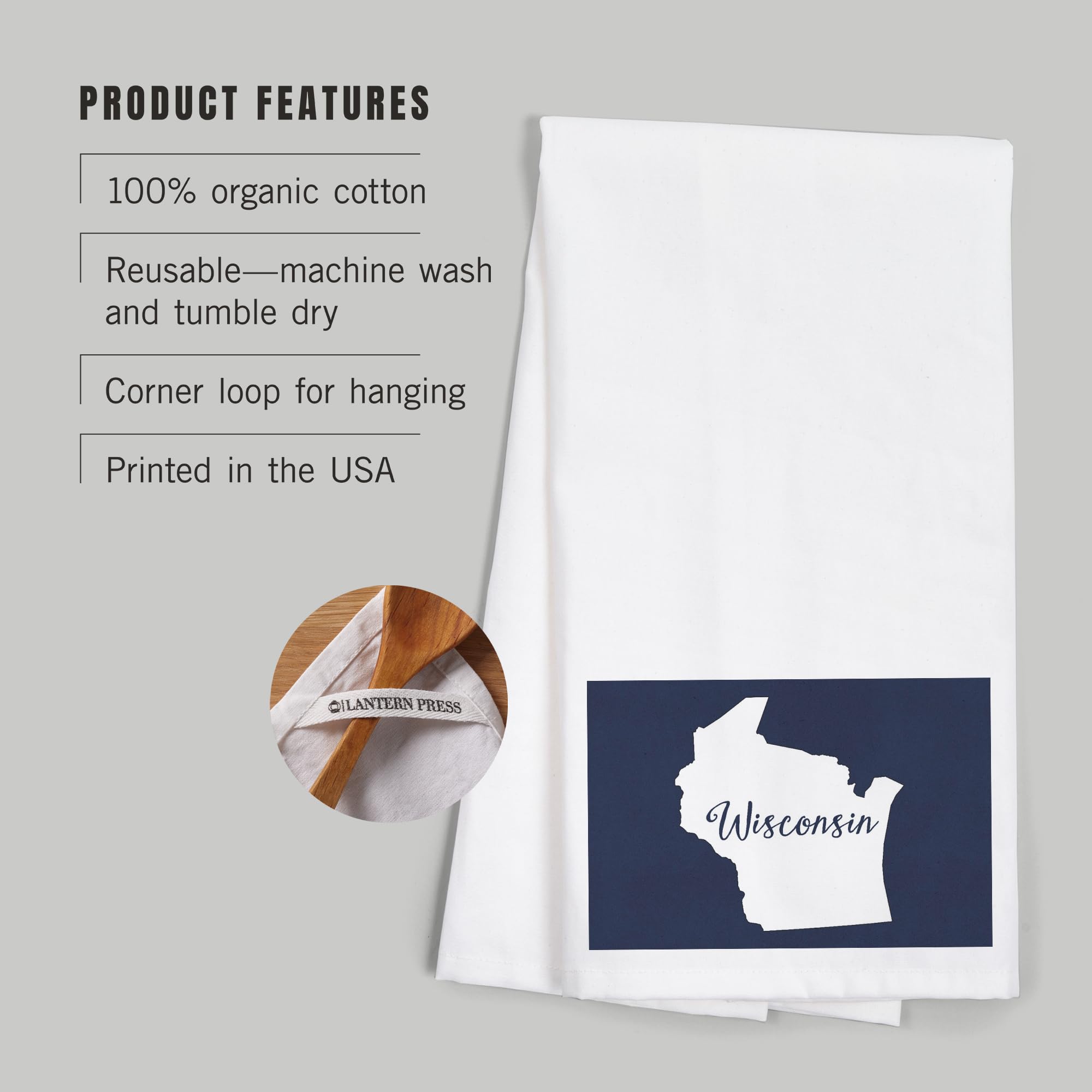 Lantern Press Wisconsin Home State White on Navy 100% Cotton Tea Towel - Decorative Hand Towel for Kitchen, Bathroom & Home Decor - Perfect for Gifts, Housewarming & Farmhouse Style