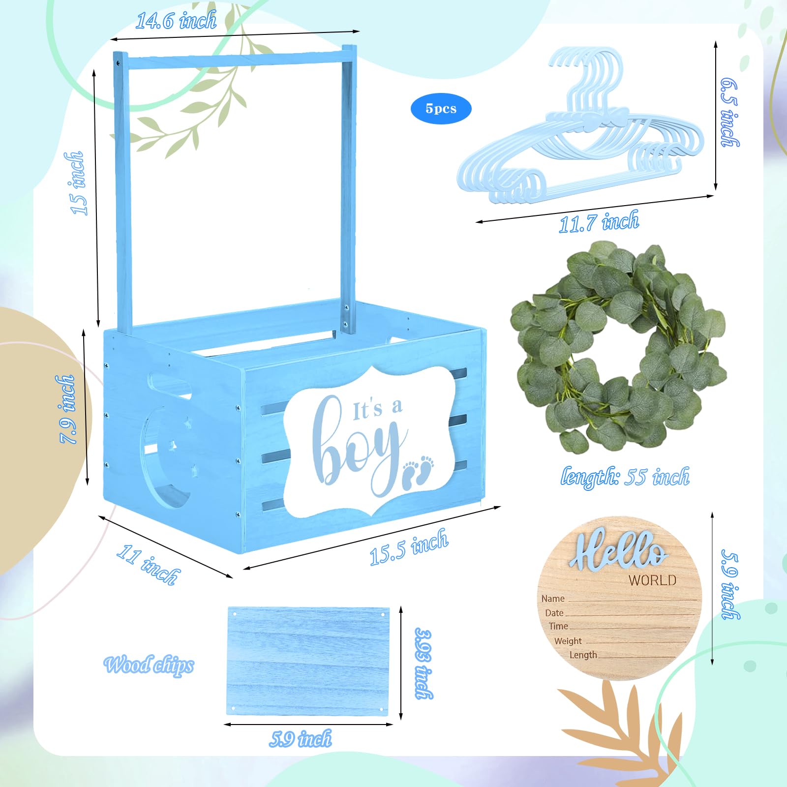 Tkifoda Wooden Baby Shower Gift Crate - Blue Storage Hamper with Handle & Clothes Hanger | Baby Shower Decor, Newborn Gift Basket for Girls | Perfect for Nursery Organization & Baby Shower Party Decorations