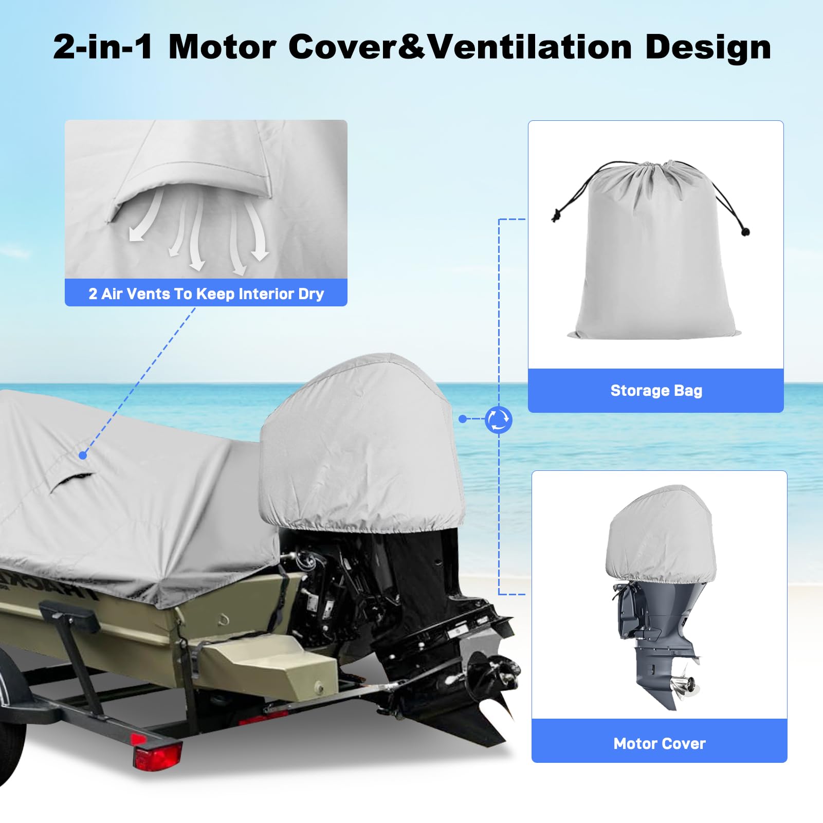17-19ft Bass Boat Cover - 1200D Waterproof Marine Canvas with Mooring Kit for V-Hull & Runabout Boats - Gray