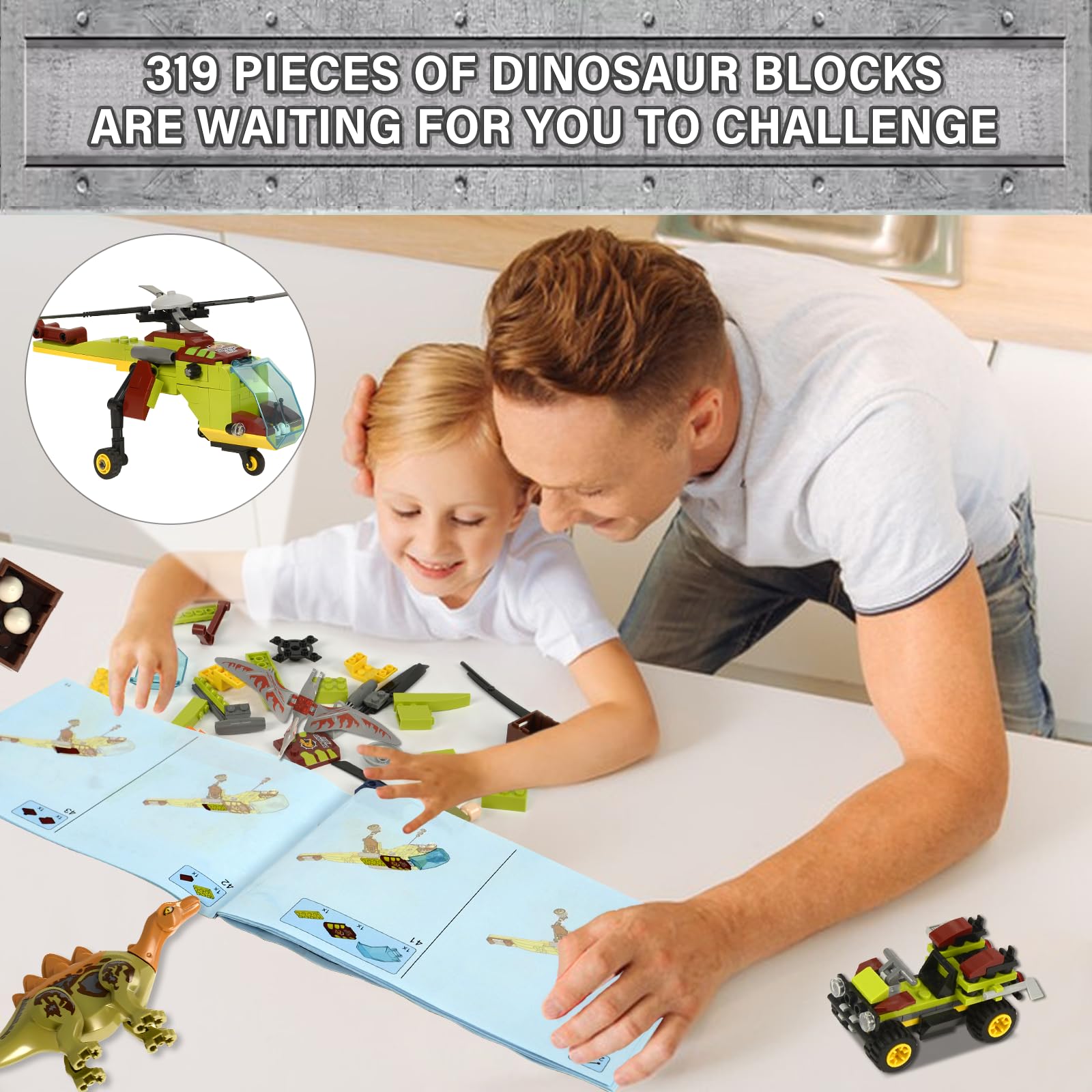319 Pcs Jurassic Dinosaur Toys Set - Compatible with Lego Building Blocks, Dinosaur Park Playset for Kids Ages 8-14, T-Rex Chasing Adventure Toy for Boys & Girls - Perfect for Birthday Gifts, STEM Learning & Creative Play