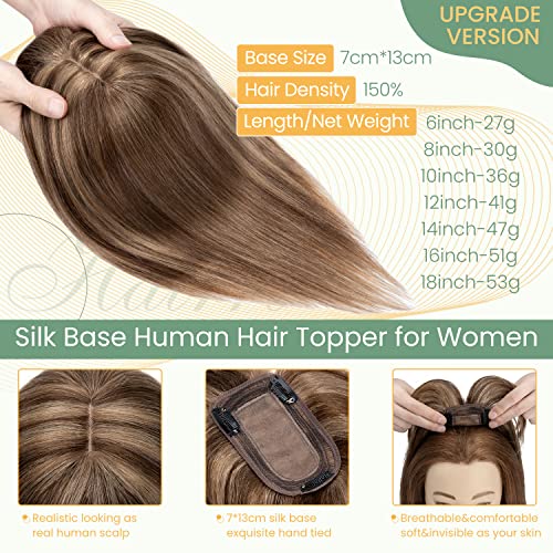 Clip in Human Hair Topper with Silk Base - Natural Looking Hairpiece for Thinning Hair - Perfect for Daily Wear, Special Occasions & Styling