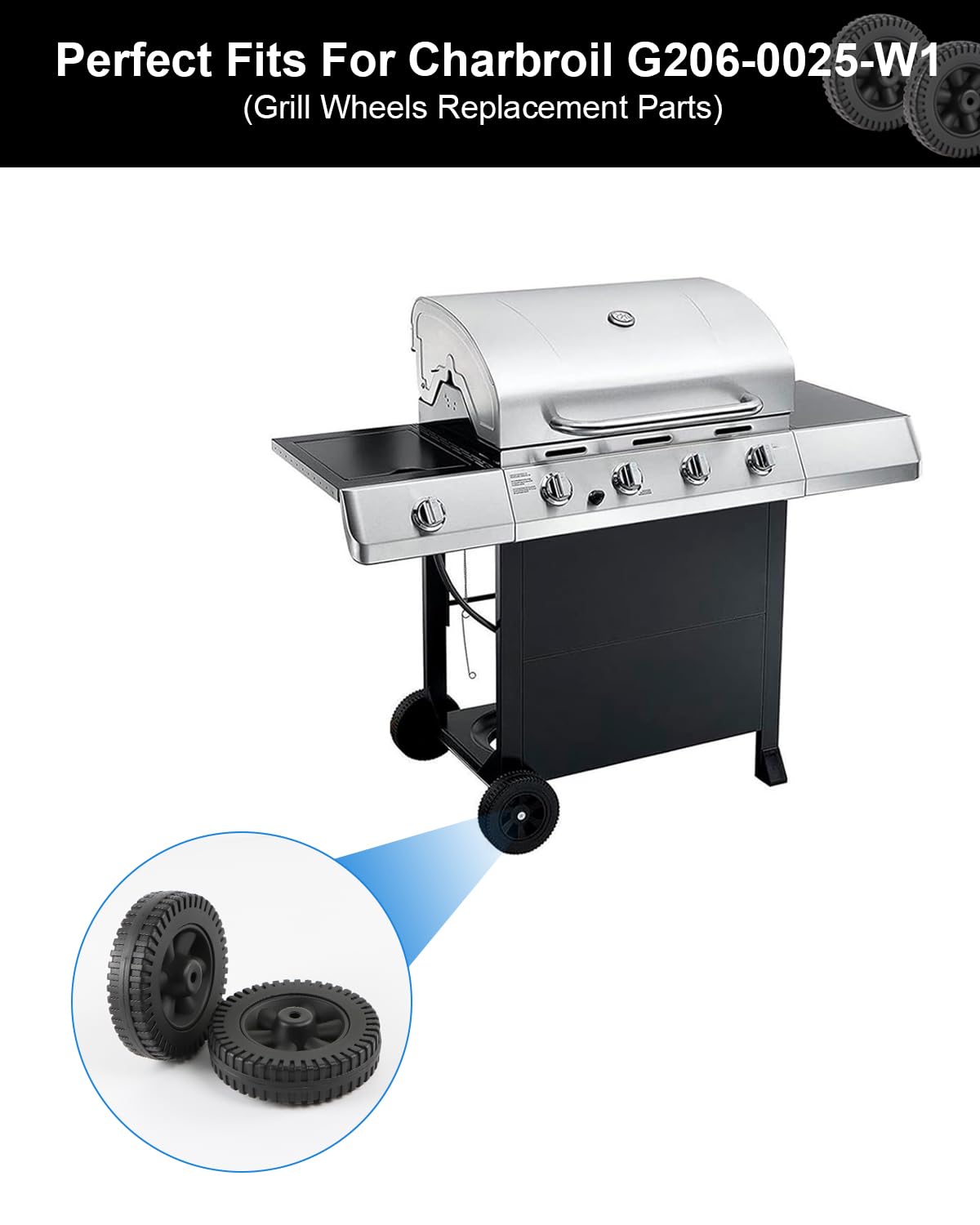 G206-0025-W1 6 Inch BBQ Grill Wheels Replacement Parts Kit (2PCS) - Compatible with Charbroil Models 463377319, 463620415, 463720114, 463720113, 463611212, Thermos 461630509, 461670719, 461771119 - Perfect for Outdoor Grilling & BBQ Maintenance