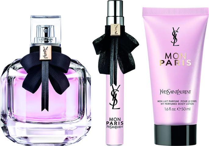 YVES SAINT LAURENT Mon Paris 3-Piece Fragrance Gift Set for Women - 3oz Eau de Parfum Spray + 0.33oz Mini Perfume + 1.6oz Body Lotion in Luxury Gift Box | Perfect for Birthday, Anniversary & Valentine's Day Gifts