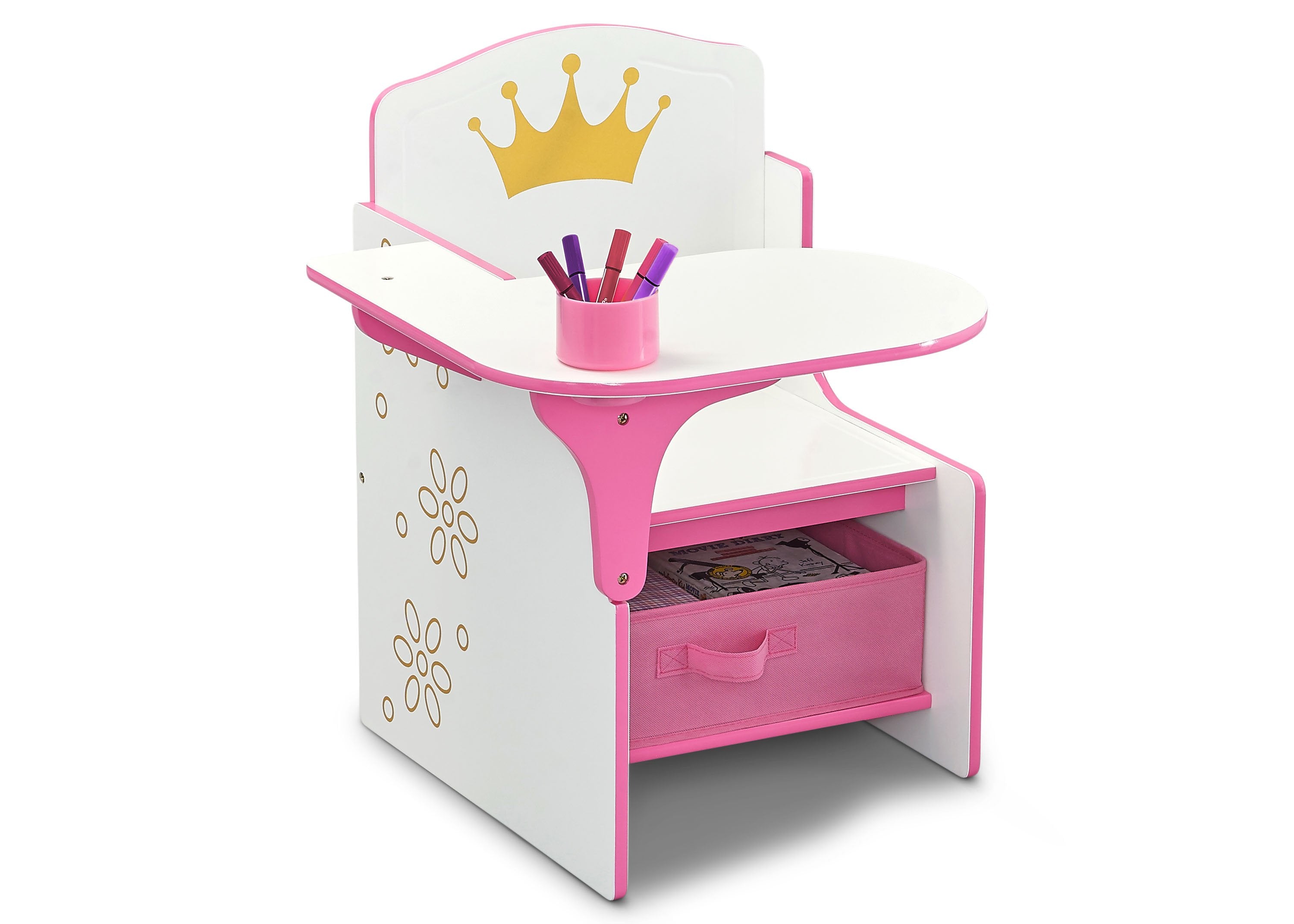 Royal Princess Crown Chair Desk with Storage Bin - Kids Study Table & Organizer for Bedroom, Playroom & Homeschooling