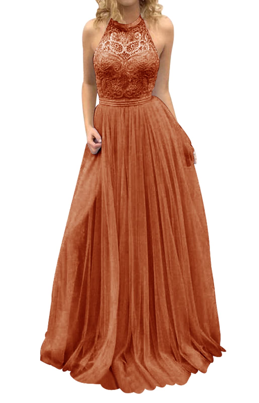 Elegant Long Prom Dress with Lace & Tulle - Halter Bridesmaid Gown for Weddings & Formal Evenings | Perfect for Homecoming, Quinceañera & Special Occasions