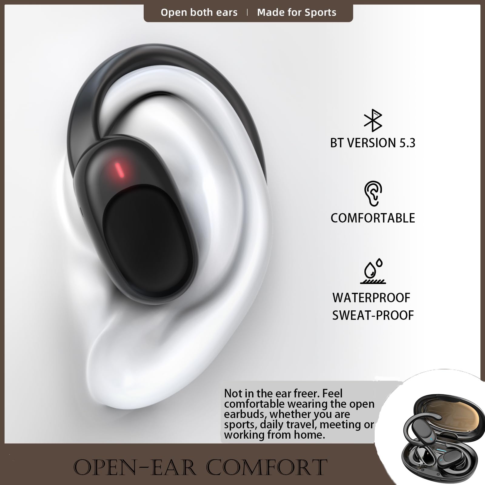 Wireless Bone Conduction Headphones with Ear Hooks - Open Ear Bluetooth Earbuds for Running, Cycling, Workouts & Outdoor Activities - Sweatproof & Comfortable Sports Headphones