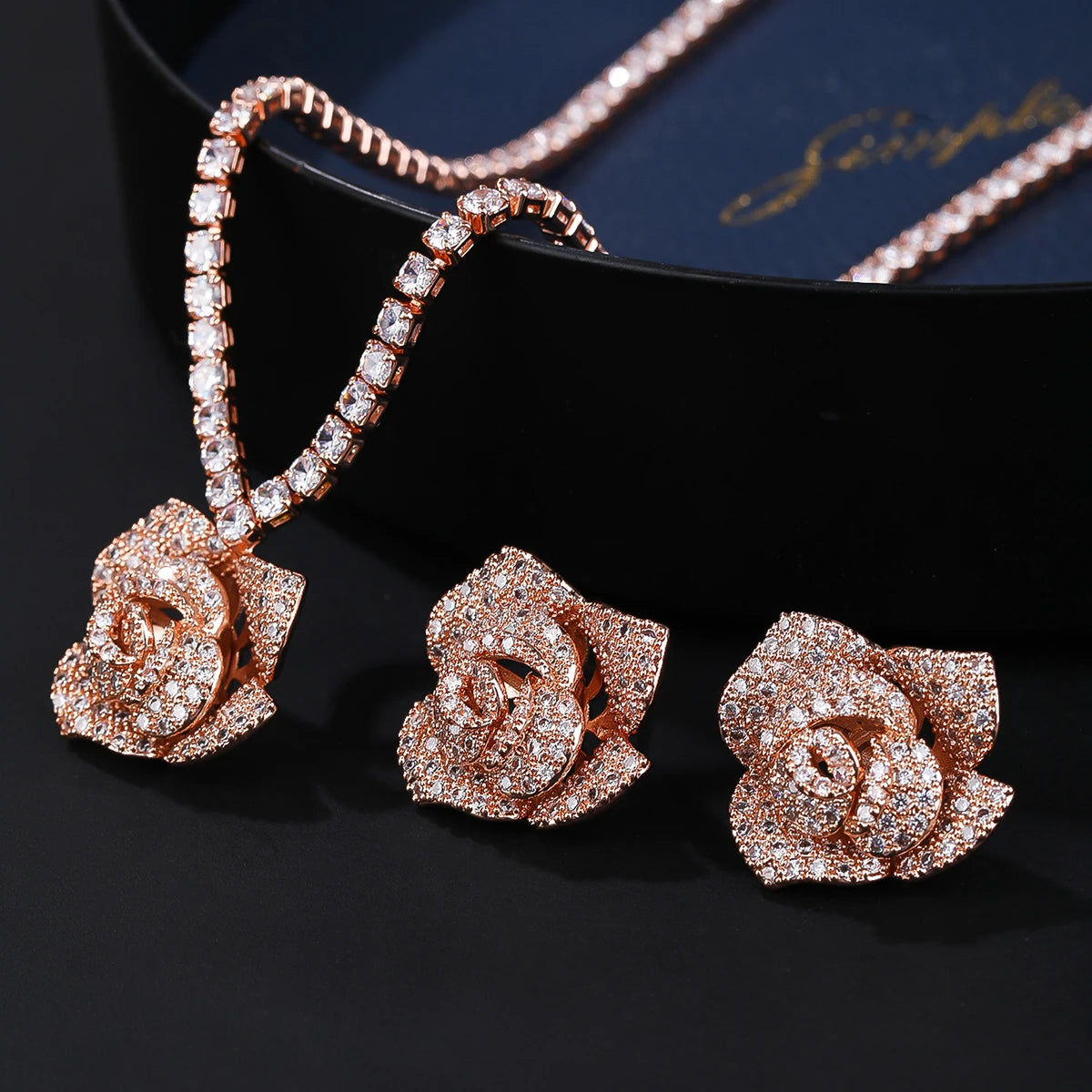 Elegant CZ Cubic Zirconia Rose Flower Pendant Necklace & Earrings Set - Bridal Wedding Jewelry for Women - Perfect Gift for Anniversary, Valentine's Day & Special Occasions