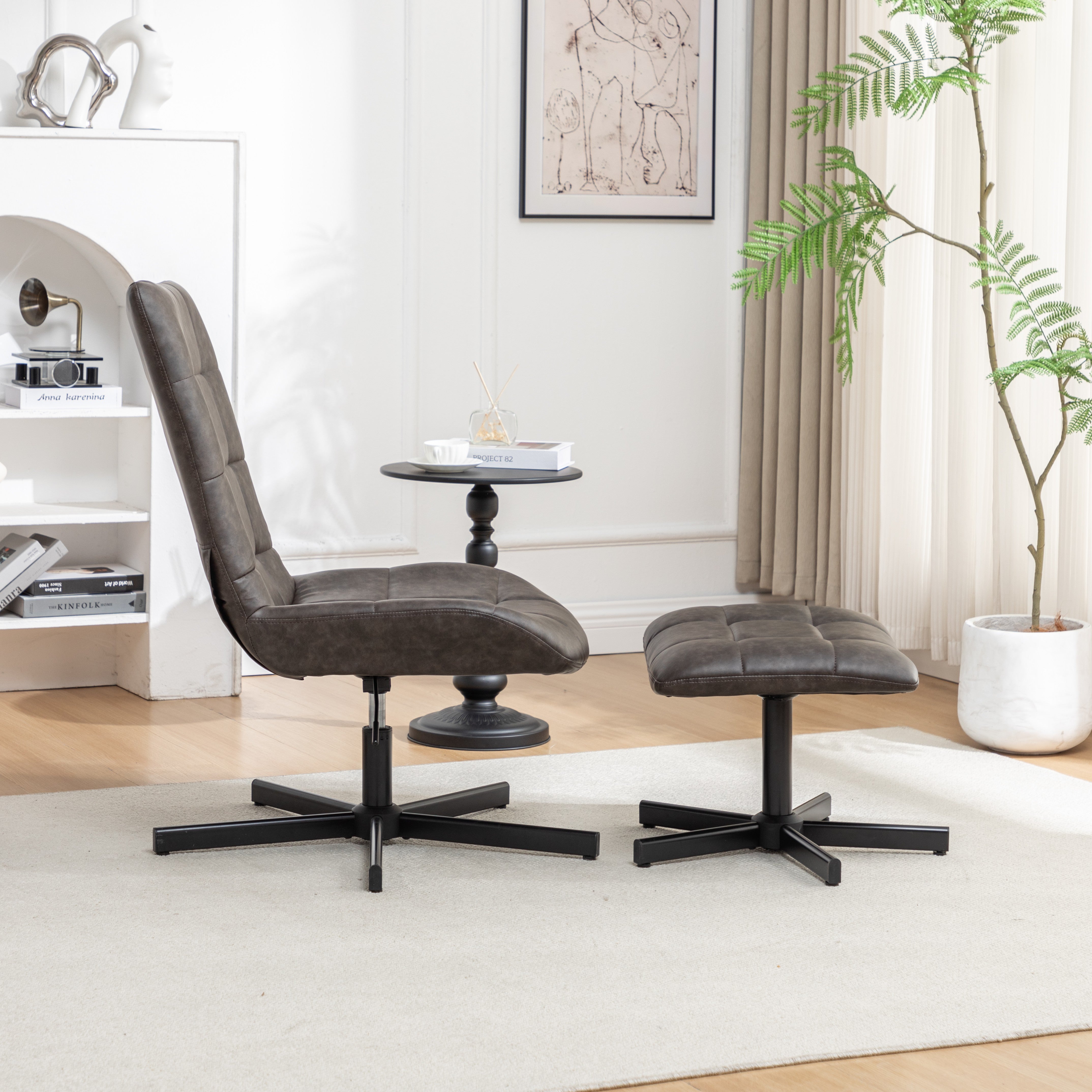 Roundhill Furniture Arlena Faux Leather Tufted Accent Chair with Ottoman Set - Modern Living Room Seating for Home Office, Bedroom or Lounge Area
