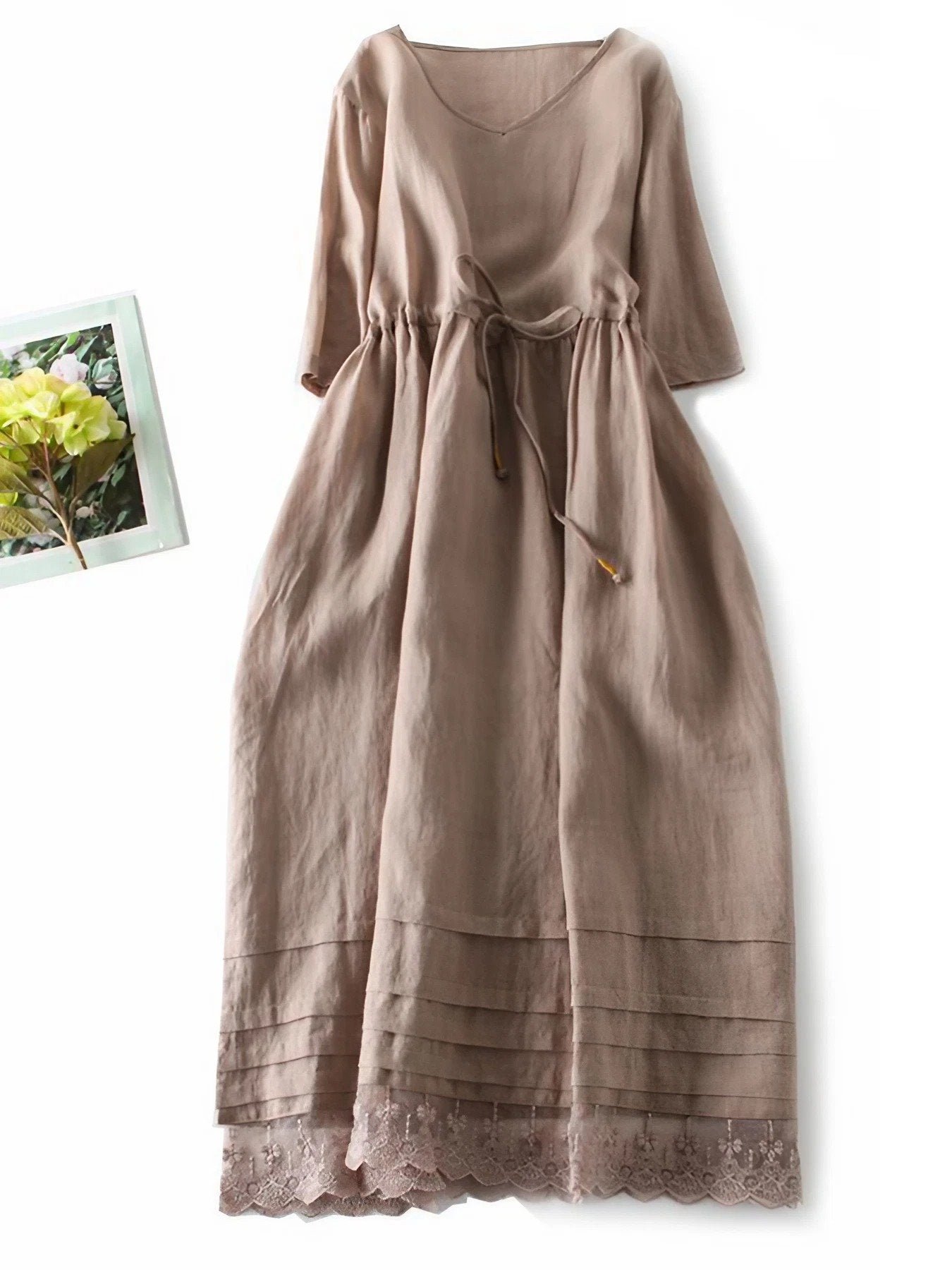 Lovevop Women's Cotton Linen Summer Dress - Lace-Up Round Neck Loose Fit Boho Maxi Dress for Beach, Vacation & Casual Wear