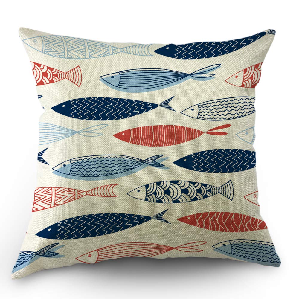 Ocean Fish Decorative Throw Pillow Cover - 18x18 Inch Cotton Linen Square Cushion Case for Sofa, Bed & Home Decor - Blue & Red Design - Perfect for Living Room, Bedroom & Coastal Theme Decor