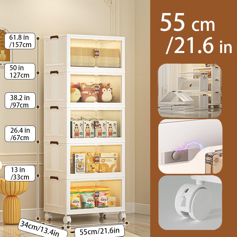 59QT Collapsible Storage Bins with Lids & Wheels - Foldable Plastic Storage Box with Doors, Stackable Closet Organizer for Bedroom, Garage, or Office (5-Tier, Space-Saving Design)
